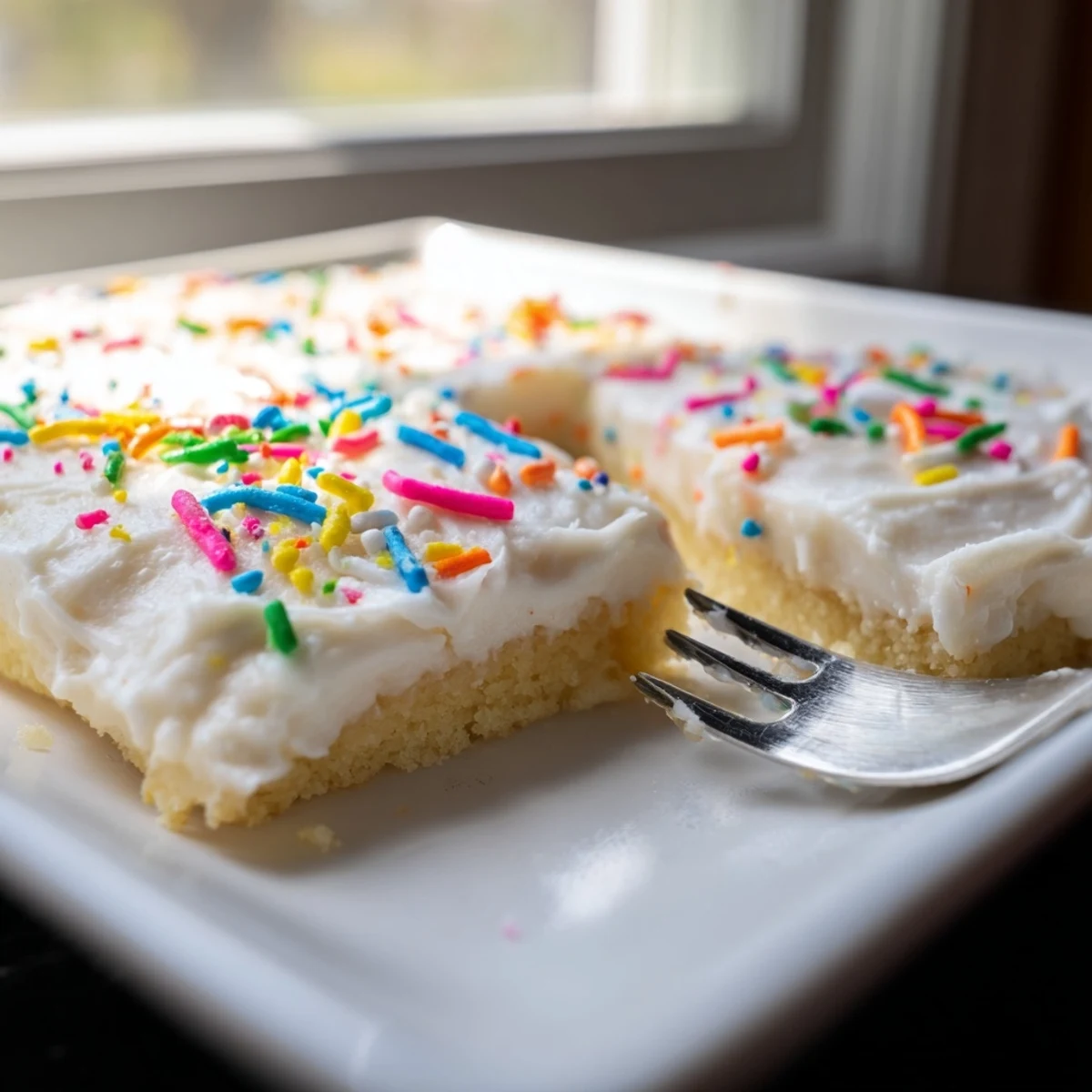 Freshly baked sugar cookie bars with white frosting and colorful sprinkles, perfect for a festive celebration treat.