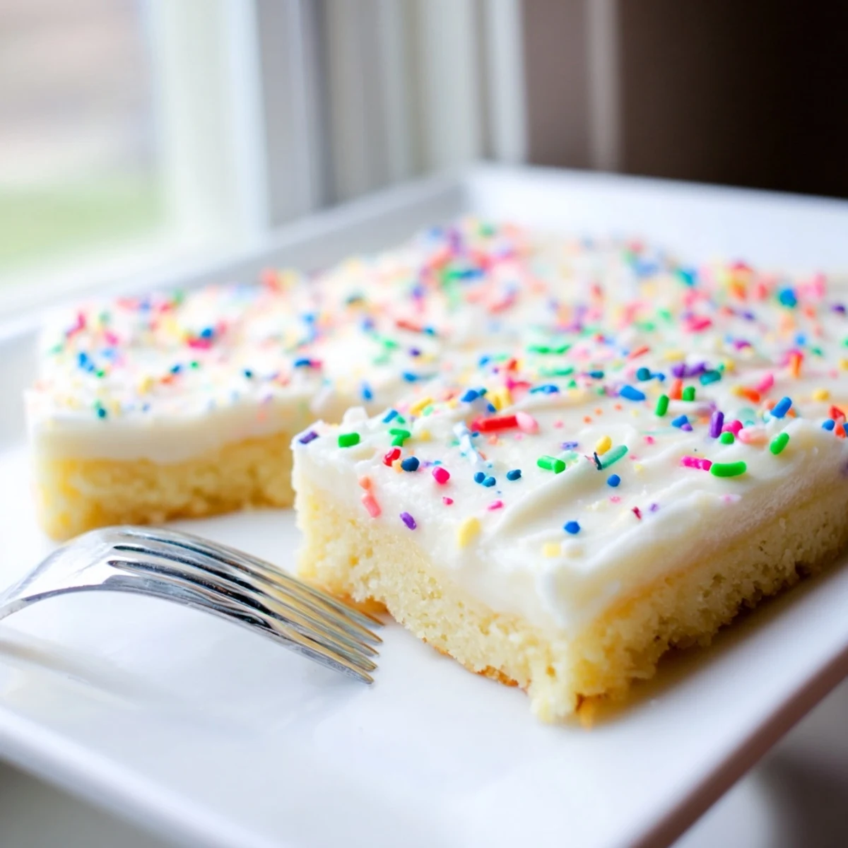 Soft, buttery sugar cookie bars topped with creamy frosting, displayed on a white plate for a sweet party dessert.