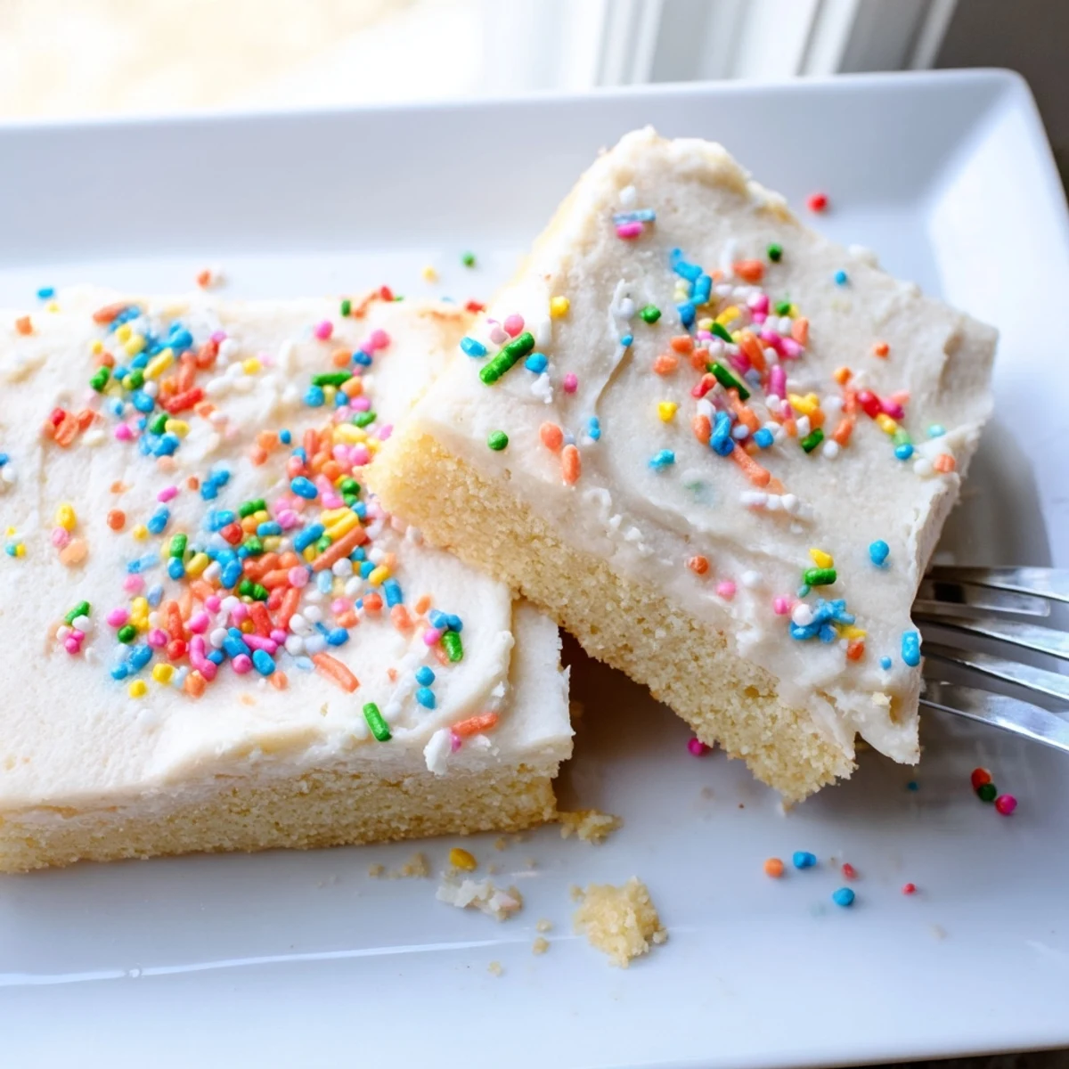 Homemade sugar cookie bars cut into squares, showing moist crumbs and a thick vanilla frosting layer for an easy dessert.