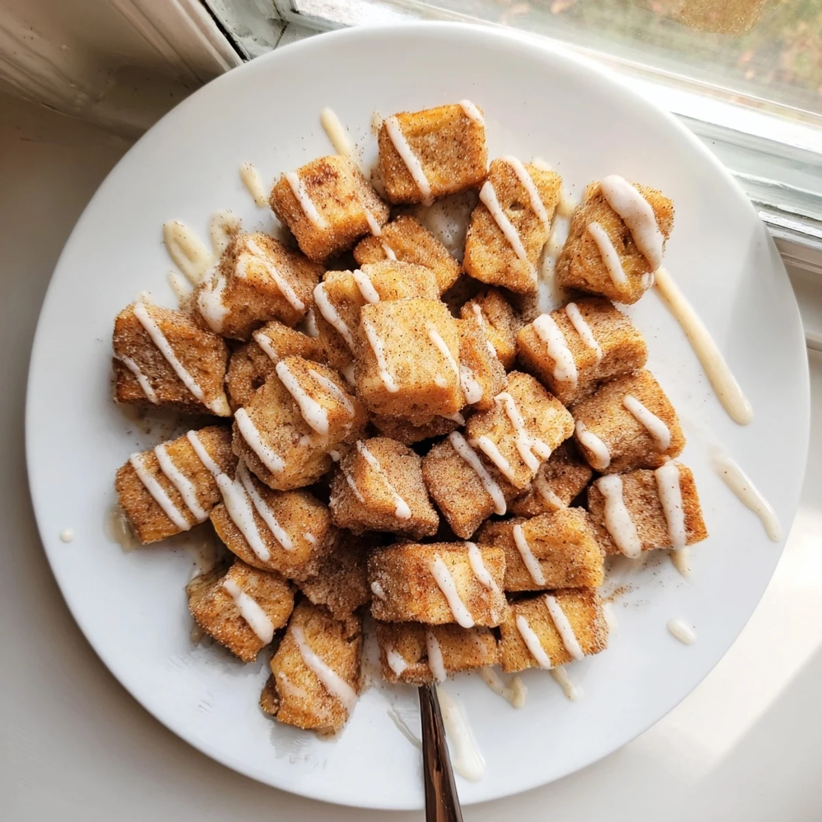 A close-up of Cinnamon Roll French Toast Bites with a drizzle of glaze and fresh berries nearby.