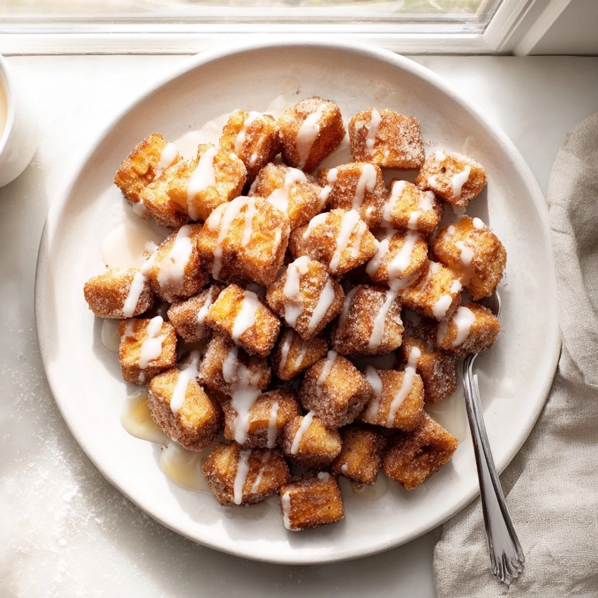 Golden-brown Cinnamon Roll French Toast Bites glistening with sweet glaze, served warm on a rustic plate.