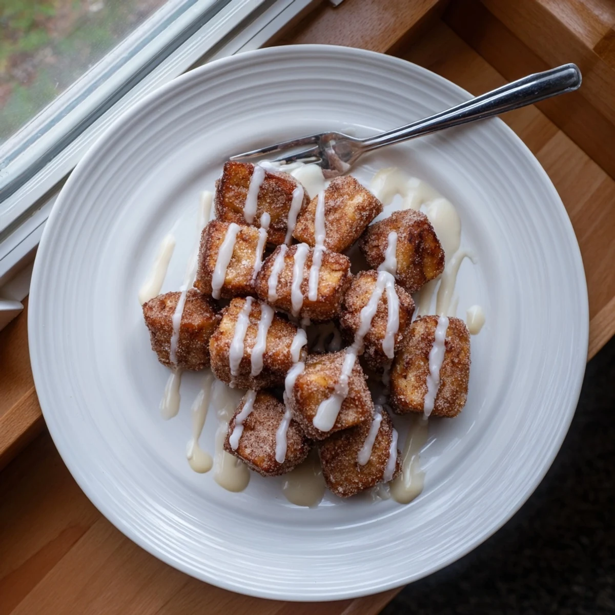 Soft and pillowy Cinnamon Roll French Toast Bites dusted with cinnamon sugar, ready to enjoy for brunch.