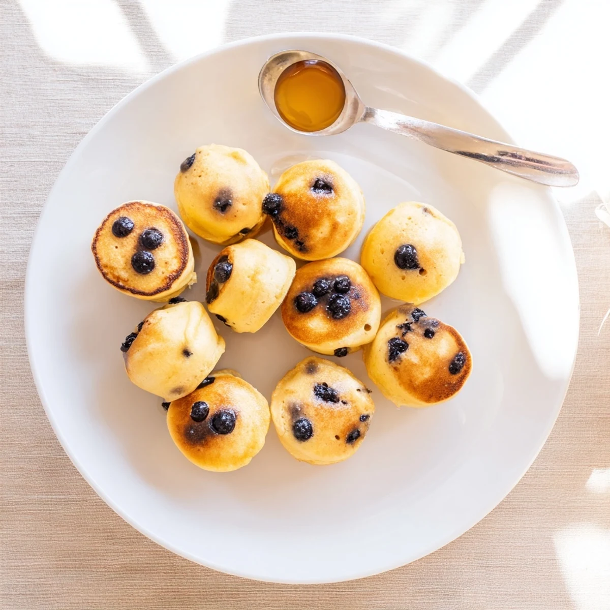 Golden-brown pancake poppers rest on a white plate, drizzled with maple syrup and dusted with powdered sugar for a sweet breakfast treat.