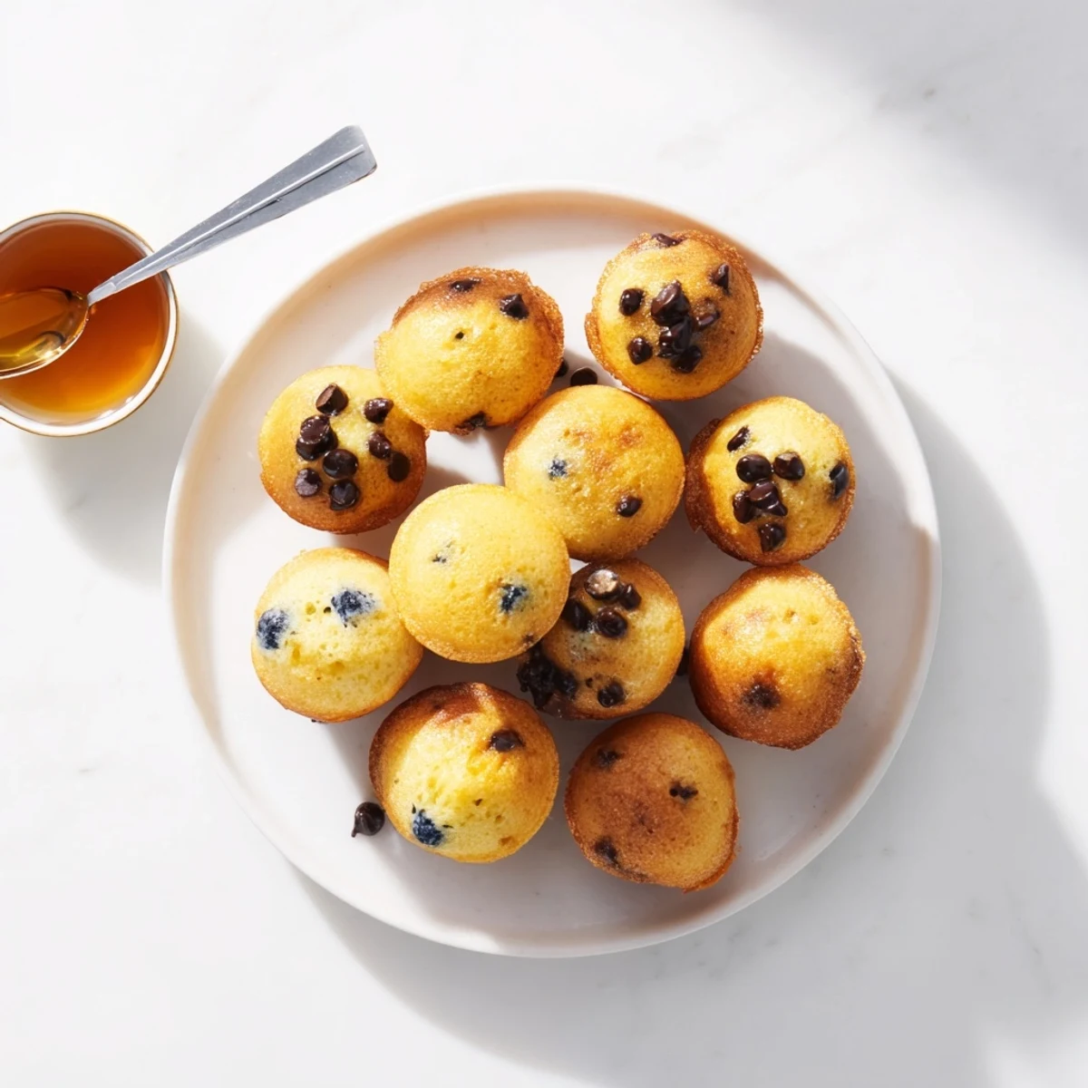 Freshly baked pancake poppers in a mini muffin tin, golden and airy, ready to be enjoyed as a bite-sized brunch snack.