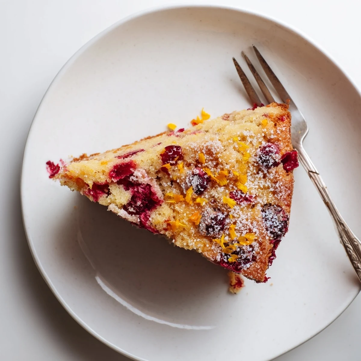 A slice of moist Cranberry Cake reveals ruby-red berries in a golden crumb, served on a dessert plate.