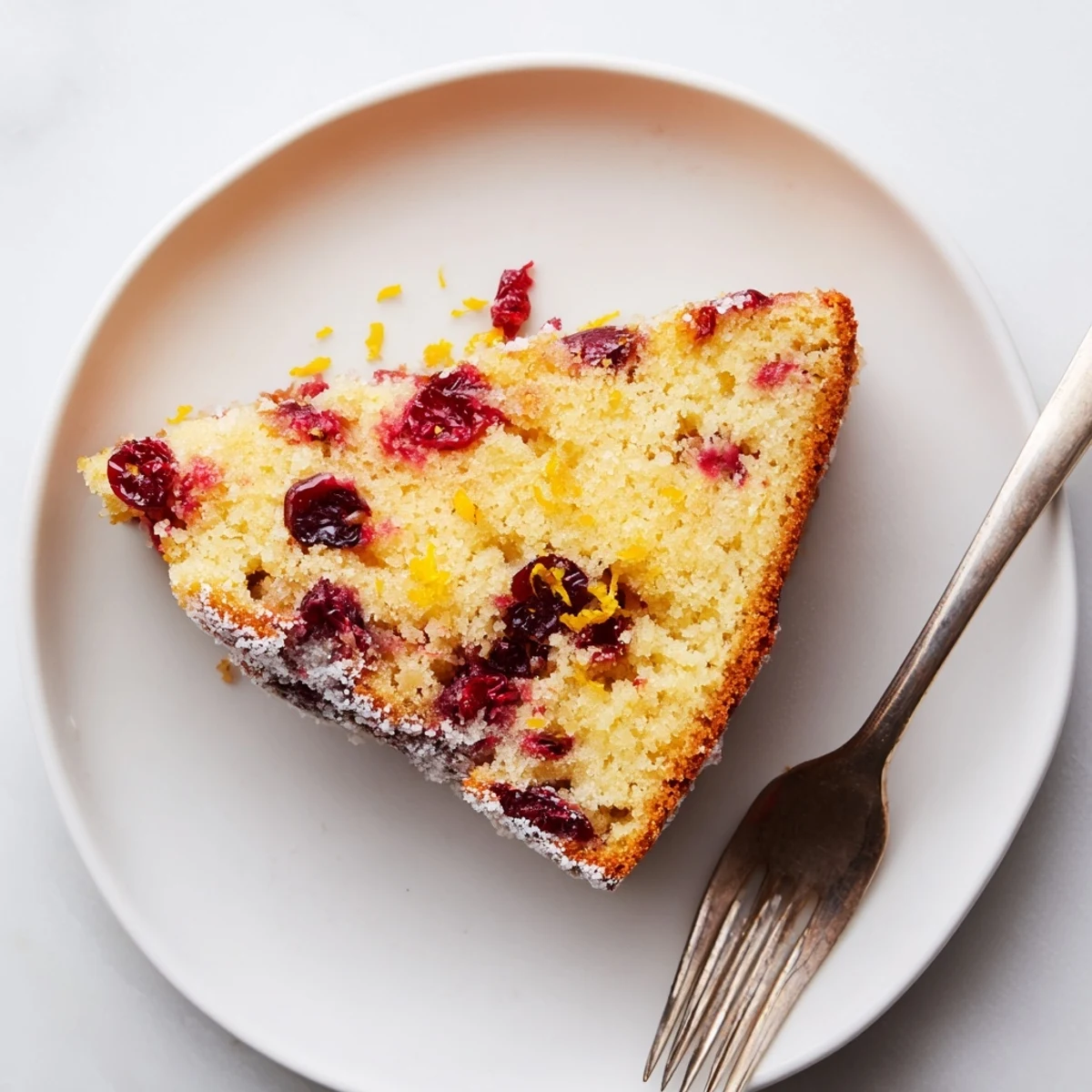 Holiday-ready Cranberry Cake sits warm beside a scoop of vanilla ice cream on a rustic wooden table.