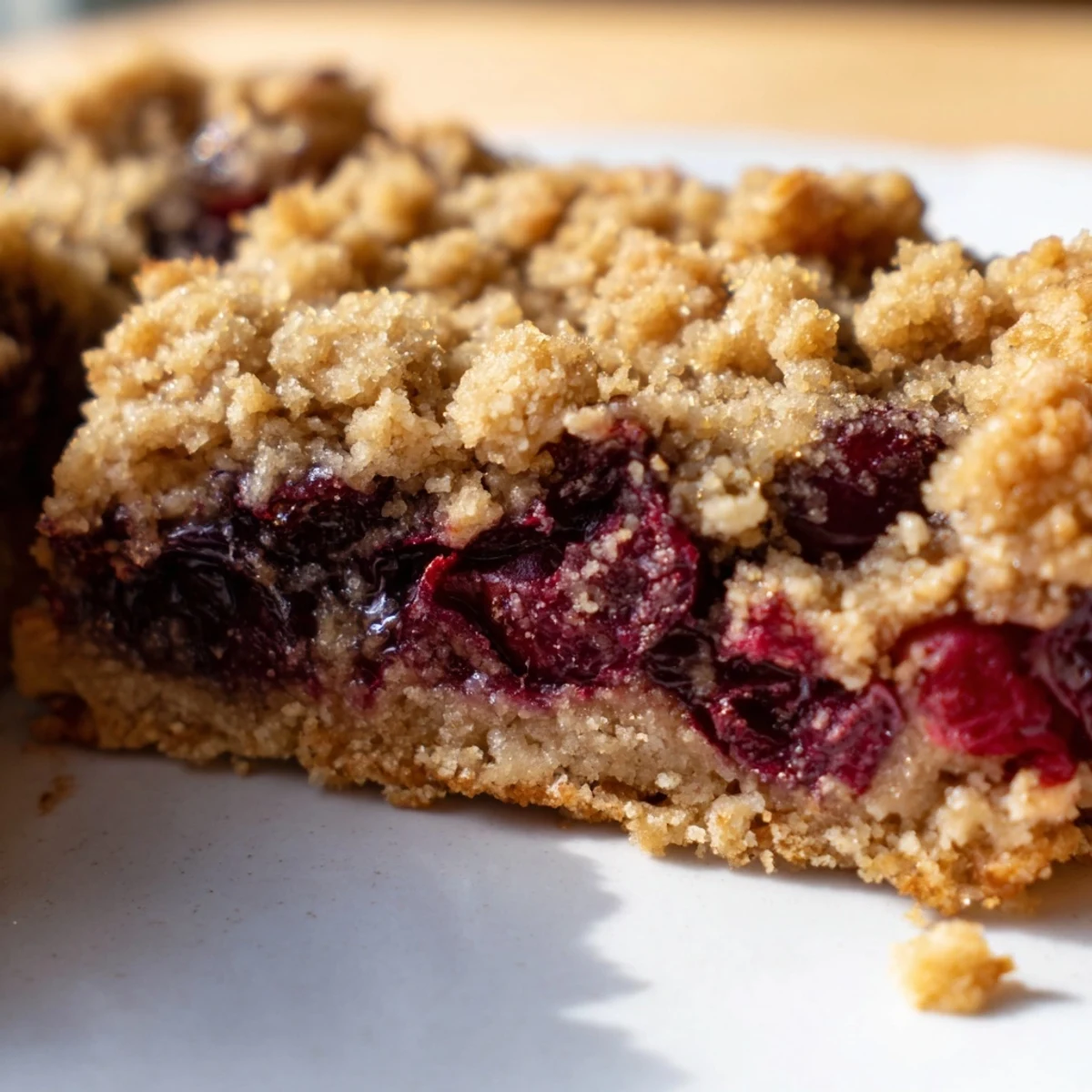 A close-up of Easy Tasty Cherry Crumble Bars showing golden oat crumble topping and bubbling red cherry filling.