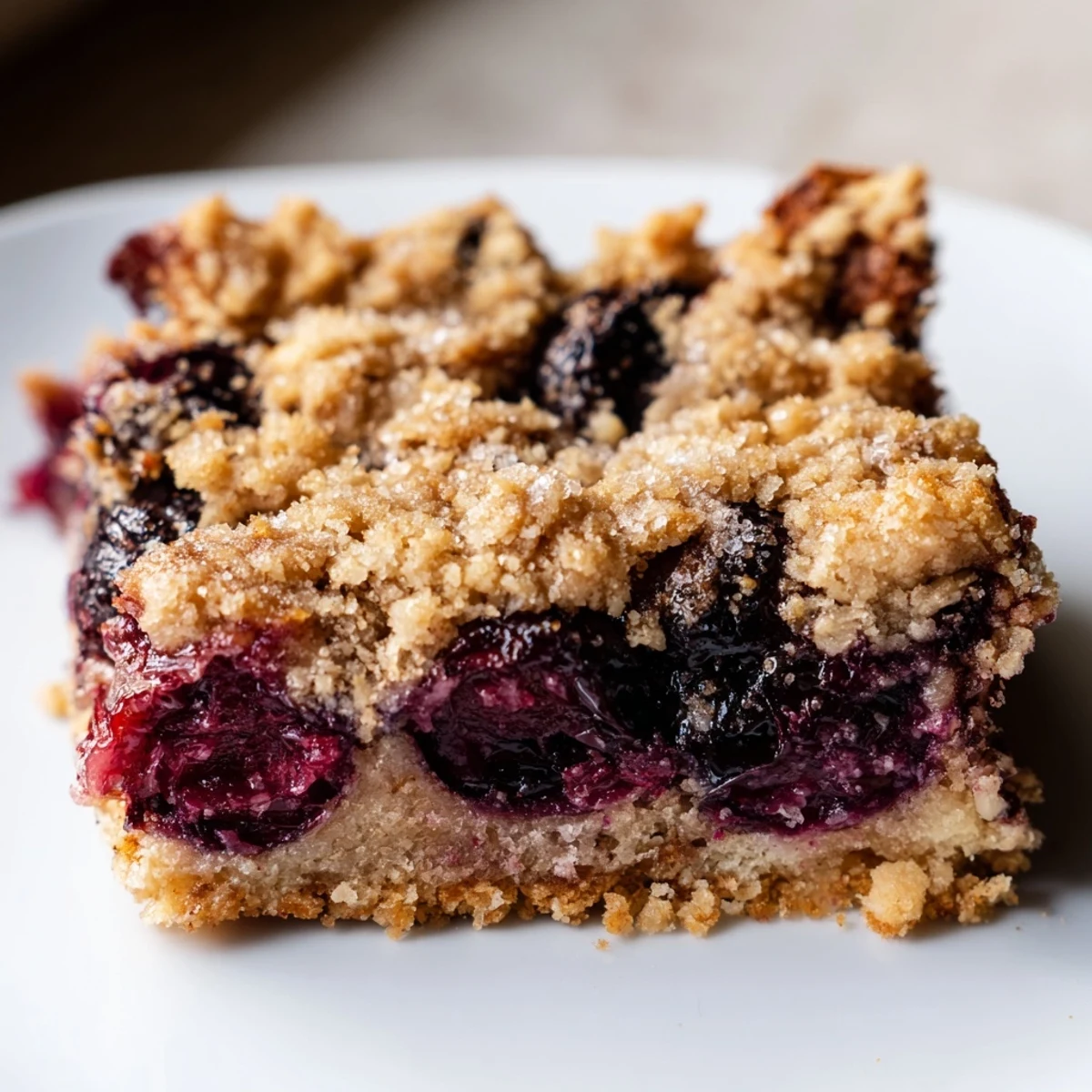This image shows Easy Tasty Cherry Crumble Bars with a buttery crust, juicy red cherries, and a crumbly oat topping.