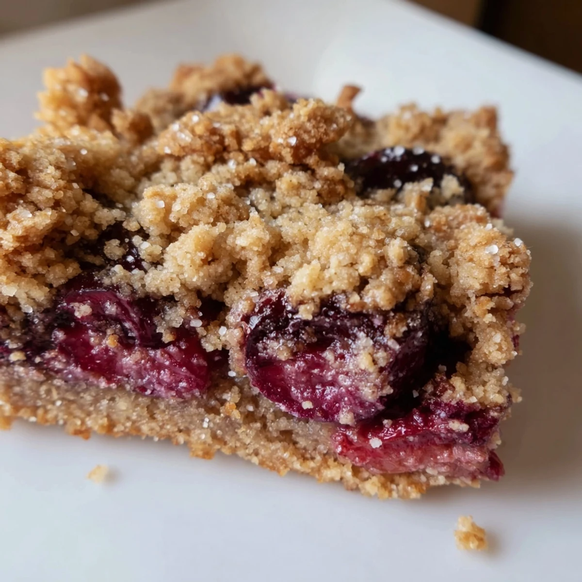 Freshly baked Easy Tasty Cherry Crumble Bars arranged on a plate with a scoop of vanilla ice cream melting on top.