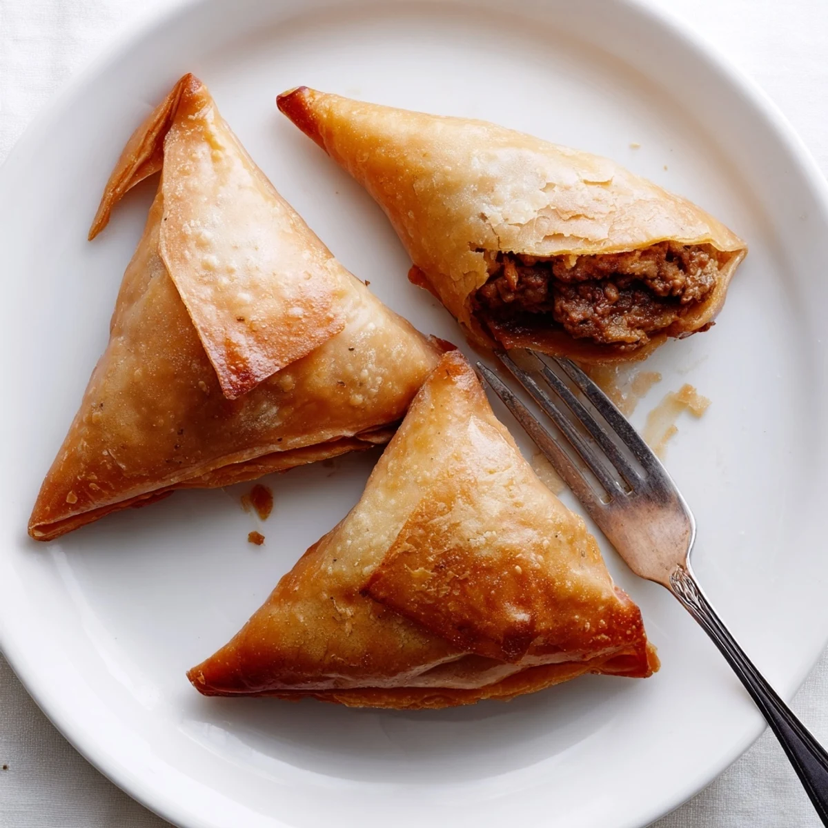 Golden, crispy Spiced Meat Sambusas are stacked on a plate beside fresh cilantro and lemon wedges for dipping.