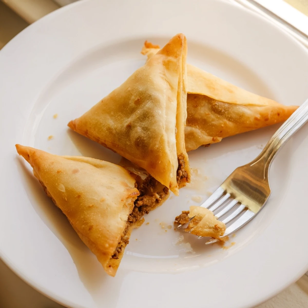 Plate of warm Spiced Meat Sambusas served with a small bowl of red chutney on a rustic wooden table.