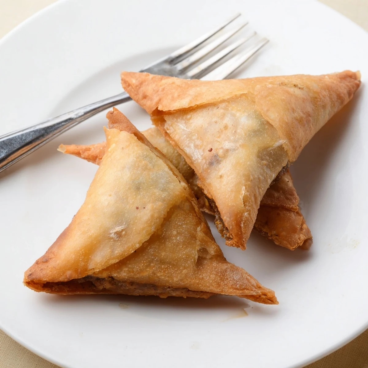 A close-up shows the flaky, golden-brown crust of a Spiced Meat Sambusa with savory filling peeking out.
