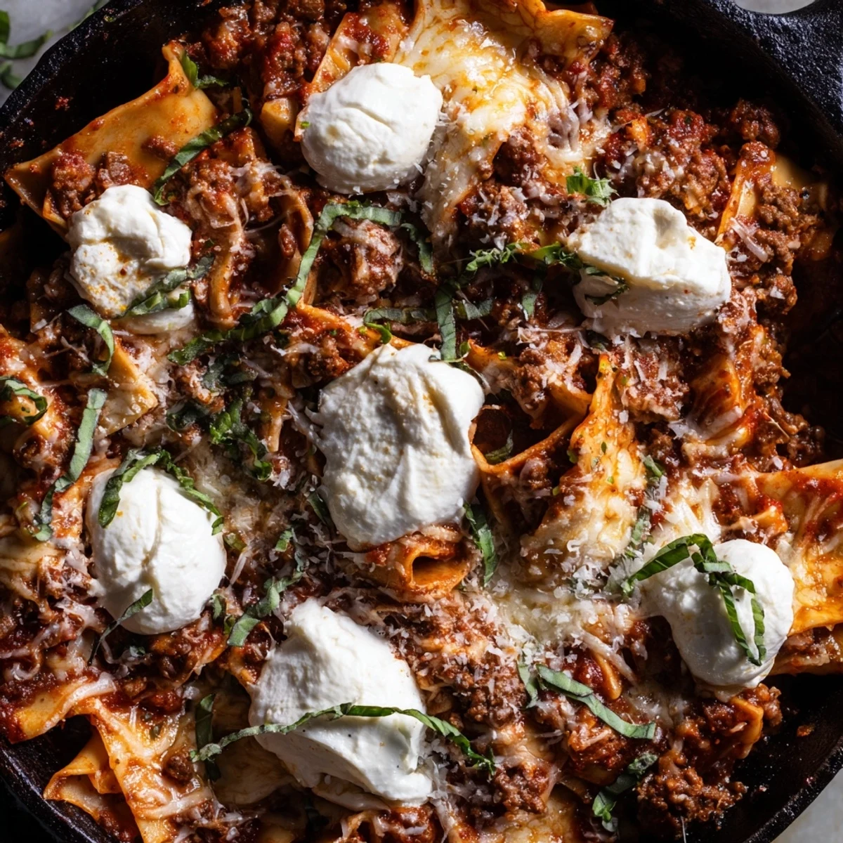 A hearty skillet lasagna with ground beef, tomato sauce, and Parmesan, garnished with fresh basil for a cozy weeknight meal.