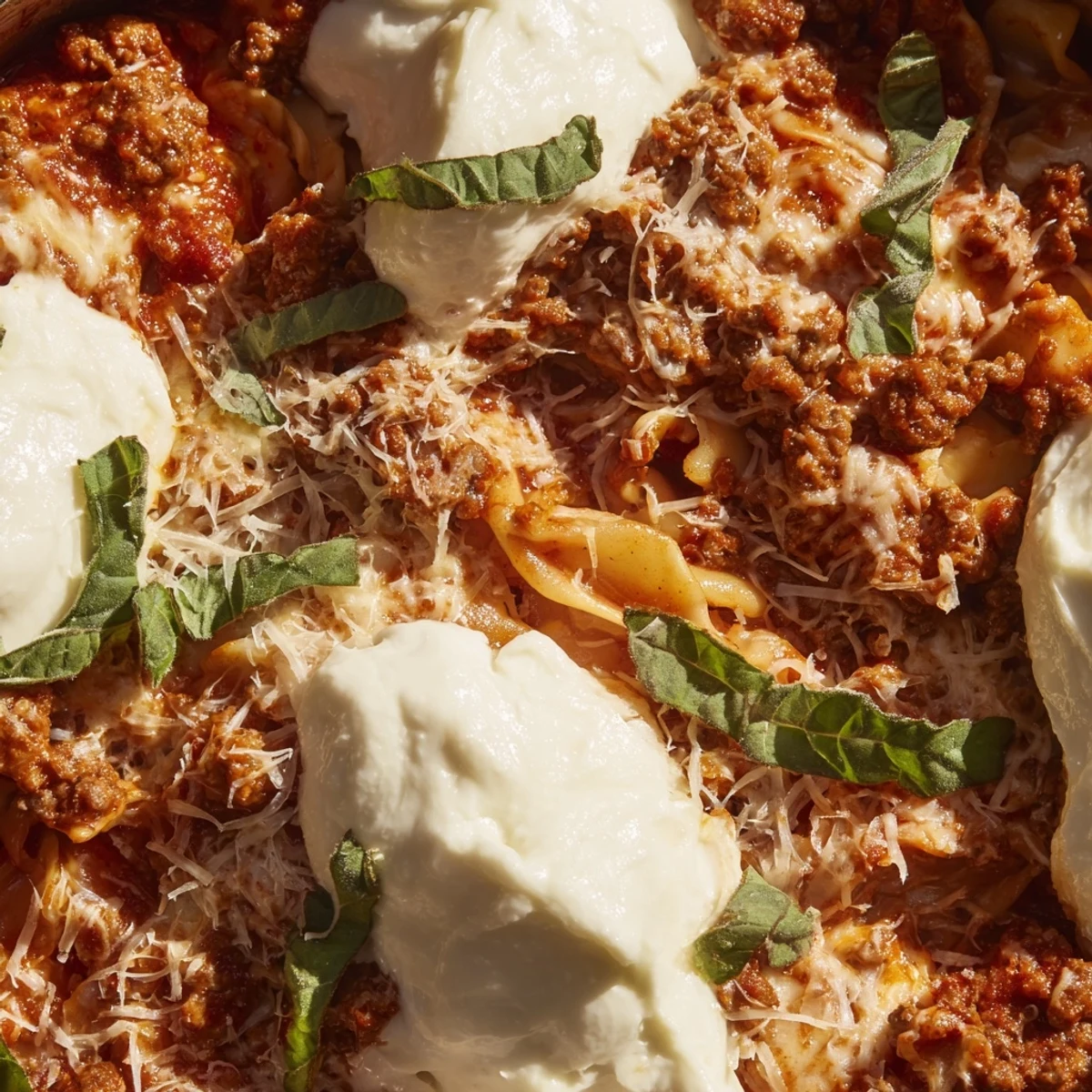 Golden melted mozzarella and ricotta topping a bubbling skillet lasagna, with broken noodles and rich meat sauce, served warm.