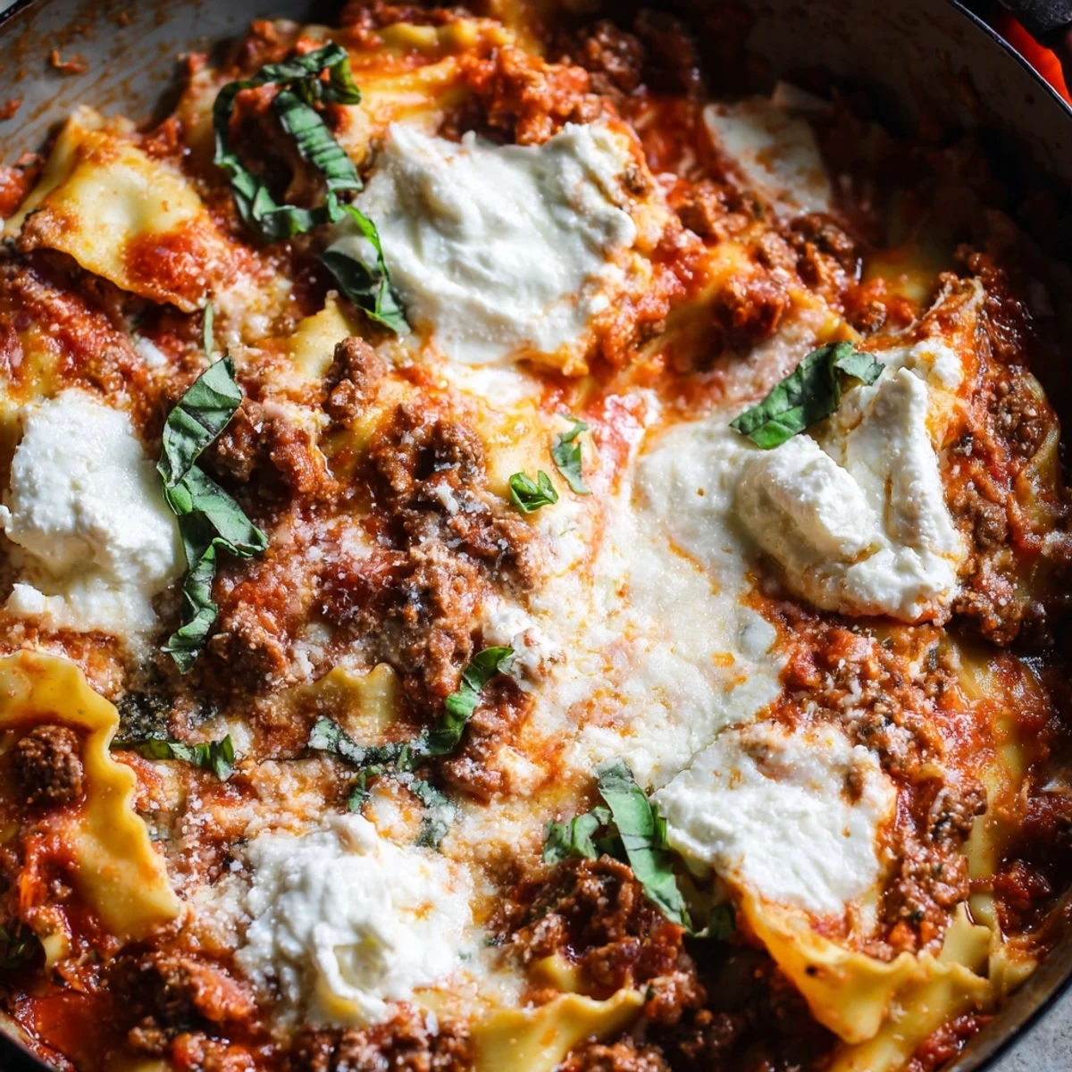 Steam rises from this easy skillet lasagna packed with layers of pasta, meat sauce, and melty cheese, ready to serve.