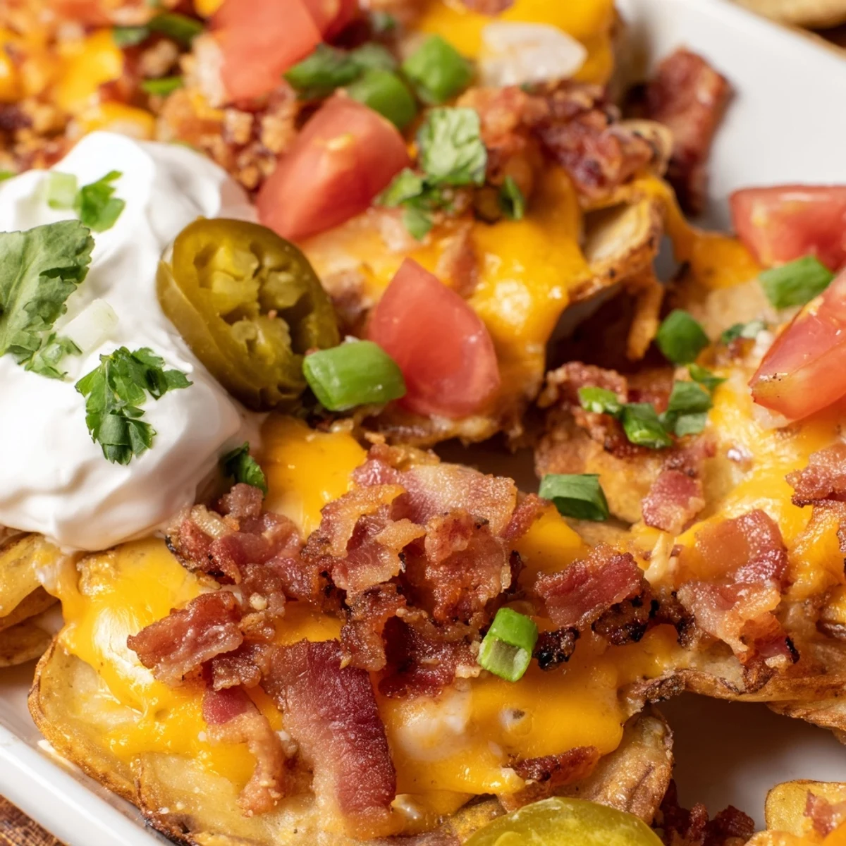Golden baked potatoes loaded with cheese and bacon for hearty Irish Nachos, garnished with fresh green onions.