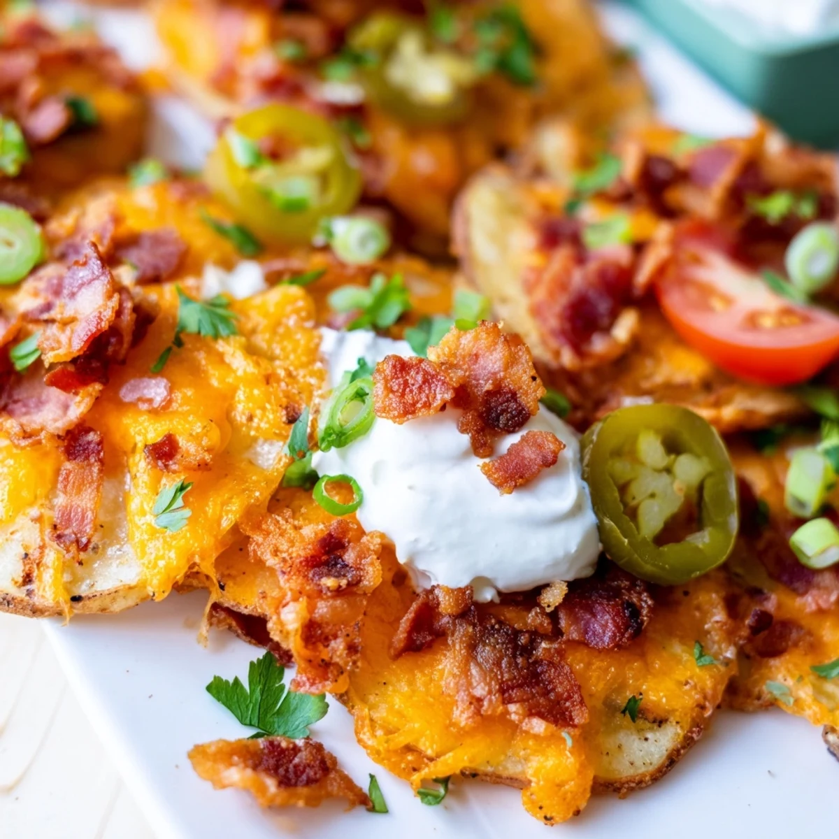 Crispy potato slices topped with melted cheddar and crumbled bacon for Irish Nachos, served hot and bubbling.