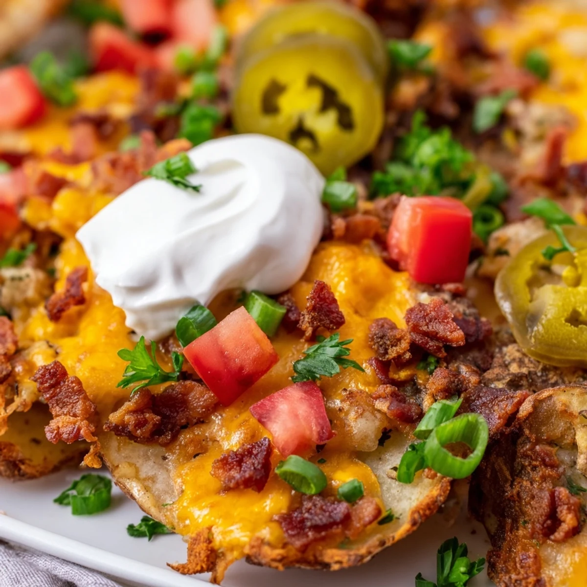 A skillet of Irish Nachos with crunchy potatoes, sour cream, and jalapeños, ready for a festive appetizer spread.