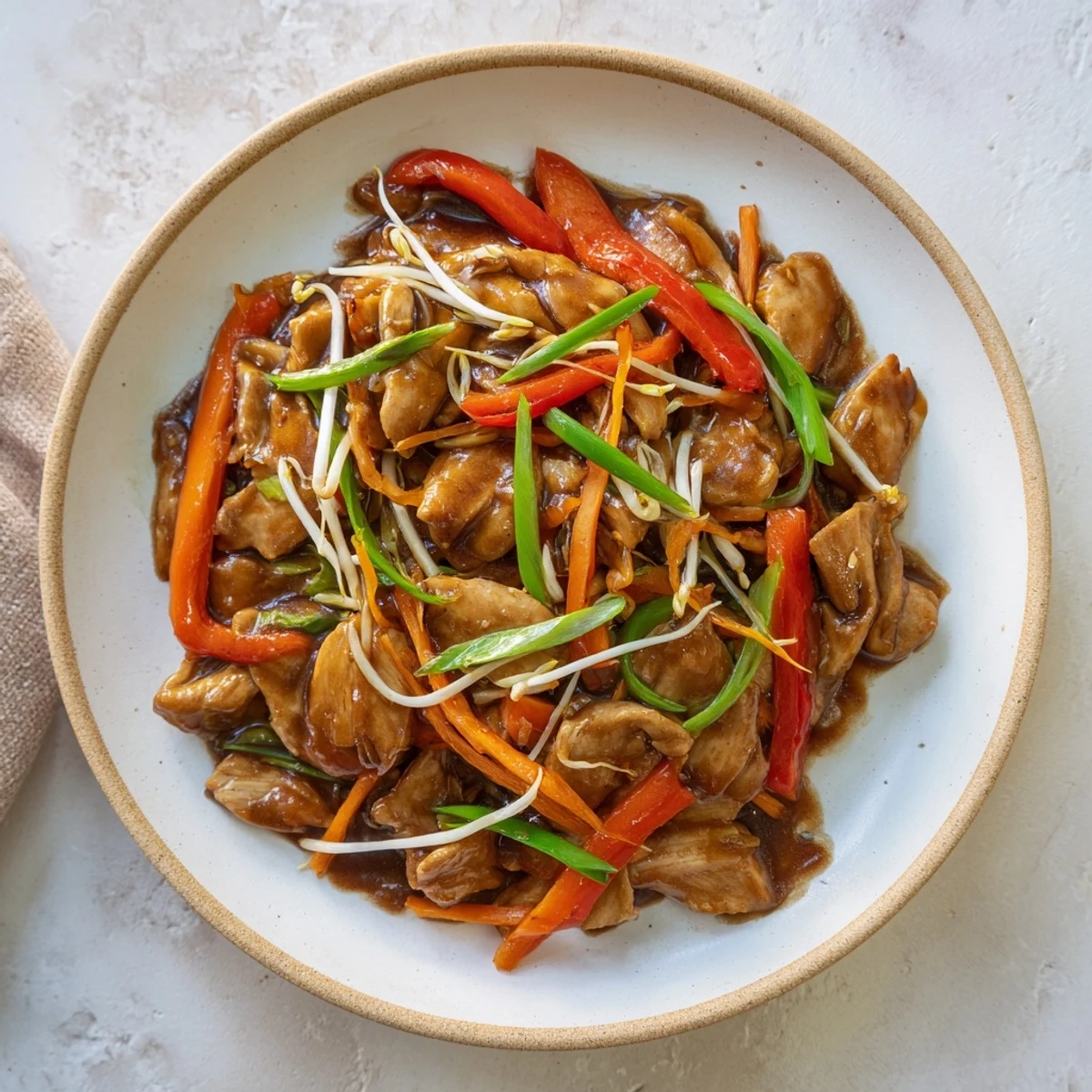 Peking Style Chicken served hot alongside fluffy jasmine rice and soft scallions, perfect for a Beijing-inspired weeknight dinner.