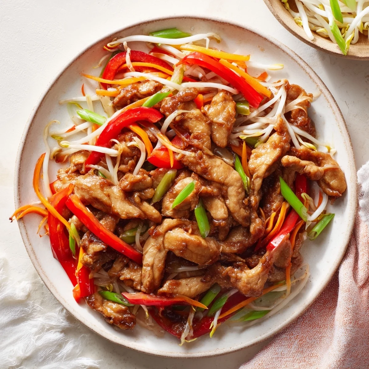 A close-up of tender Peking Style Chicken pieces coated in glossy hoisin sauce, mixed with vibrant vegetables in a wok.
