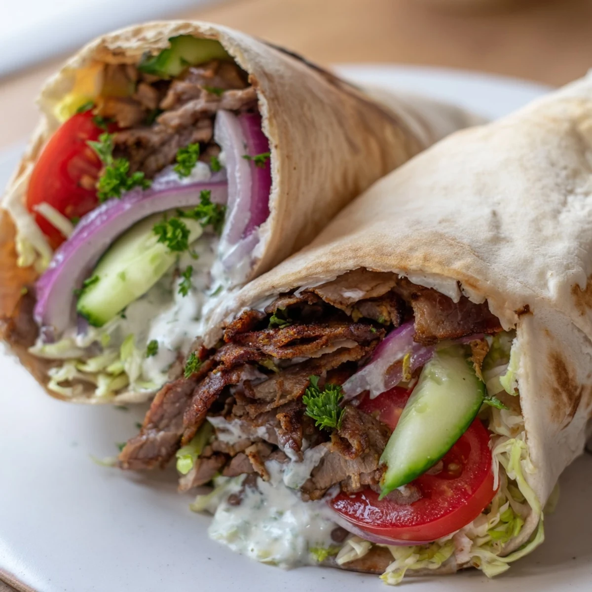 Homemade Doner Kebab stuffed with crisp lettuce, tomato, and creamy yogurt sauce.