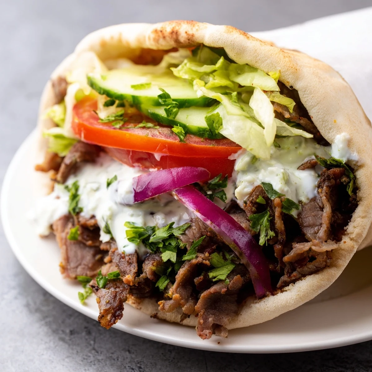 Freshly grilled Homemade Doner Kebab with juicy lamb slices wrapped in warm flatbread.