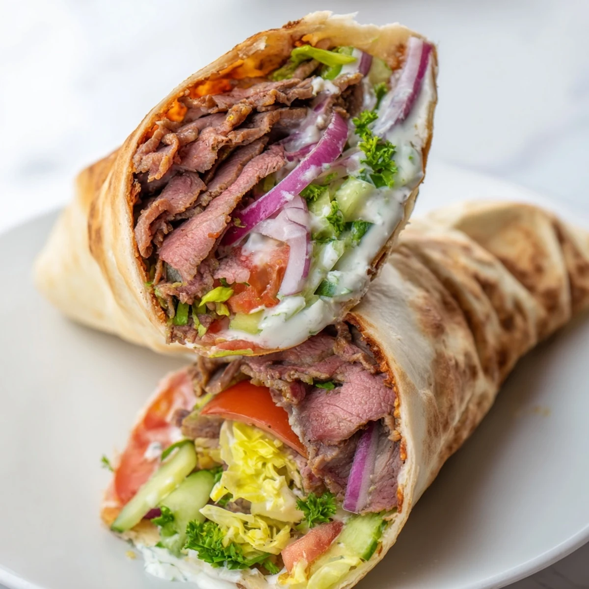 Sliced Homemade Doner Kebab served on a plate with pickled onions and fresh parsley.