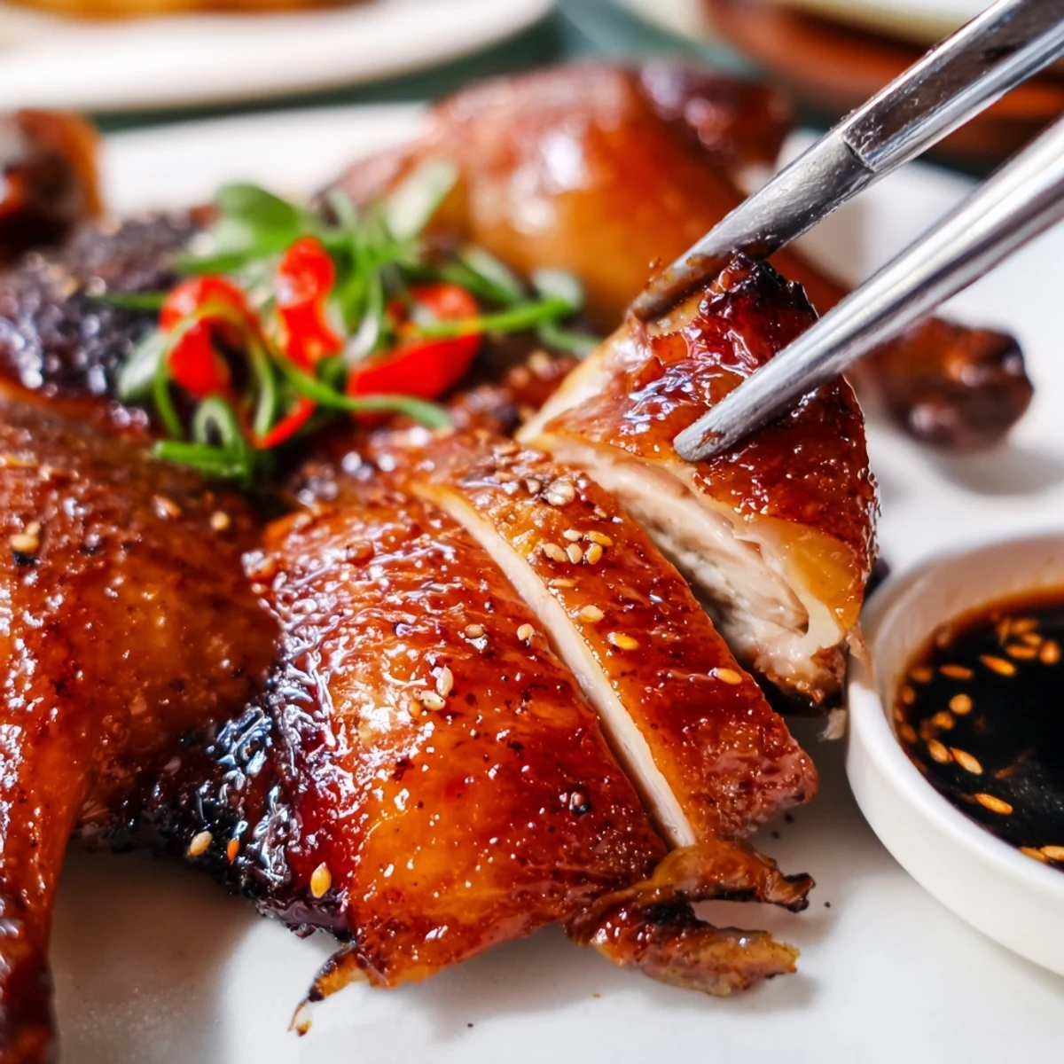 Perfectly roasted Shandong Roast Chicken glistening with honey glaze, paired with a savory dipping sauce.