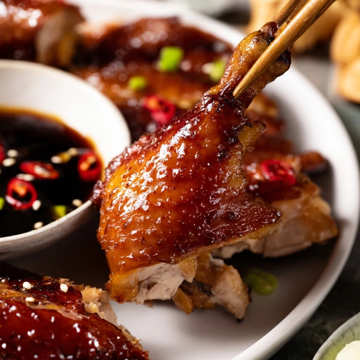 Tender Shandong Roast Chicken features aromatic five-spice flavors and a side of fresh steamed rice.