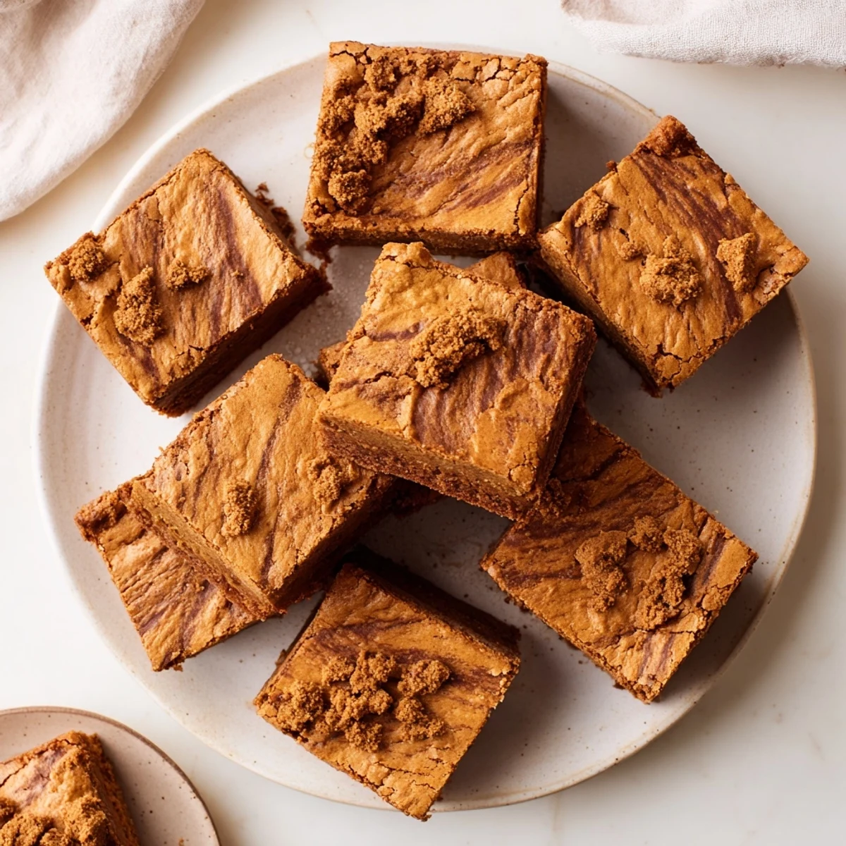 A close-up of Brown Butter Biscoff Blondies reveals melted cookie butter swirls and crunchy Biscoff cookie pieces on top.  