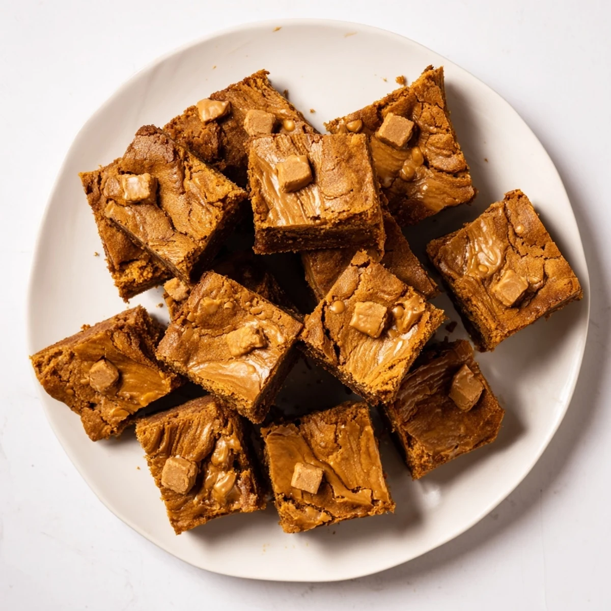 Sliced squares of Brown Butter Biscoff Blondies are arranged on a marble counter, ready to serve with a glass of milk.
