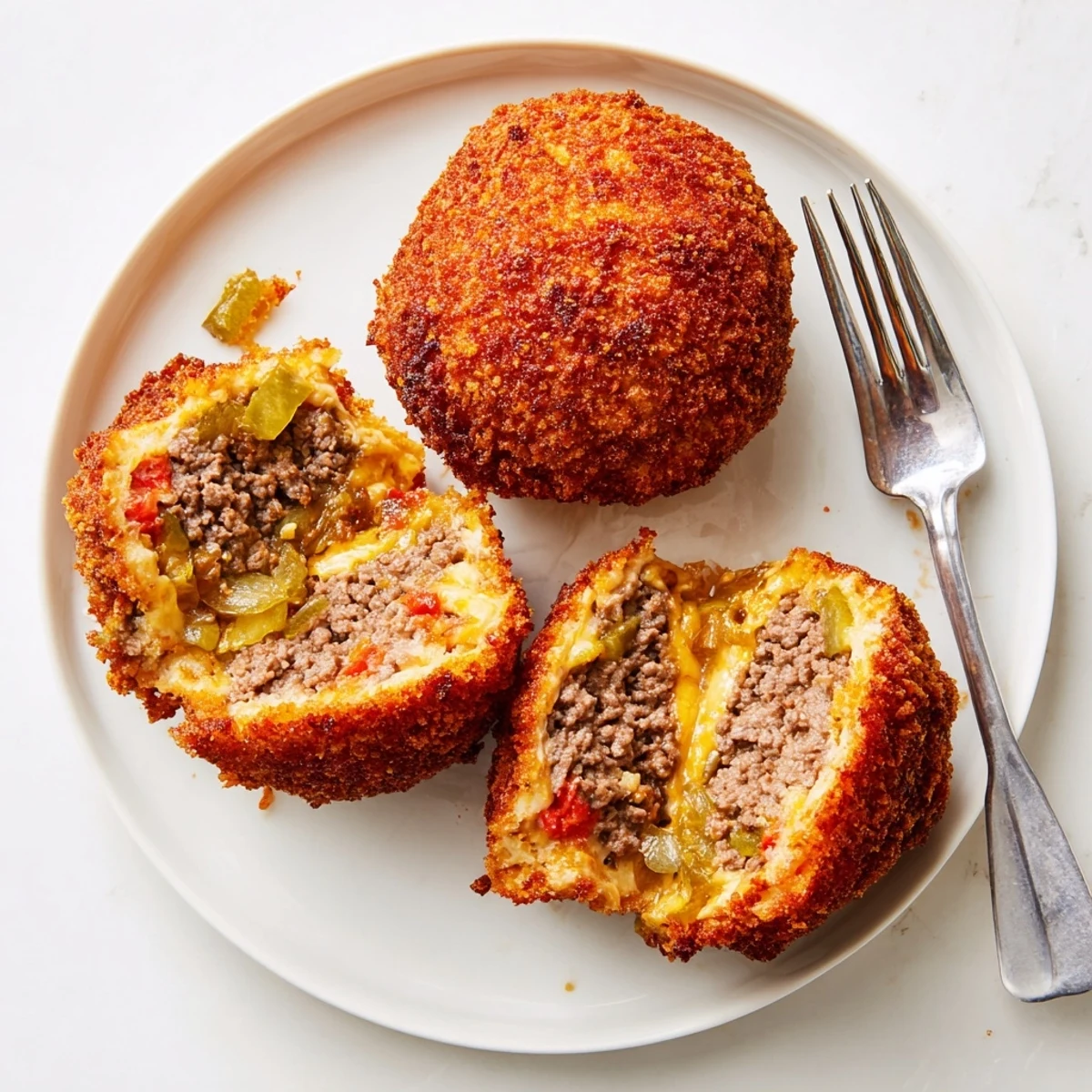 Crispy golden Cheeseburger Onion Ring Roll stuffed with beef and cheddar, ready to serve.