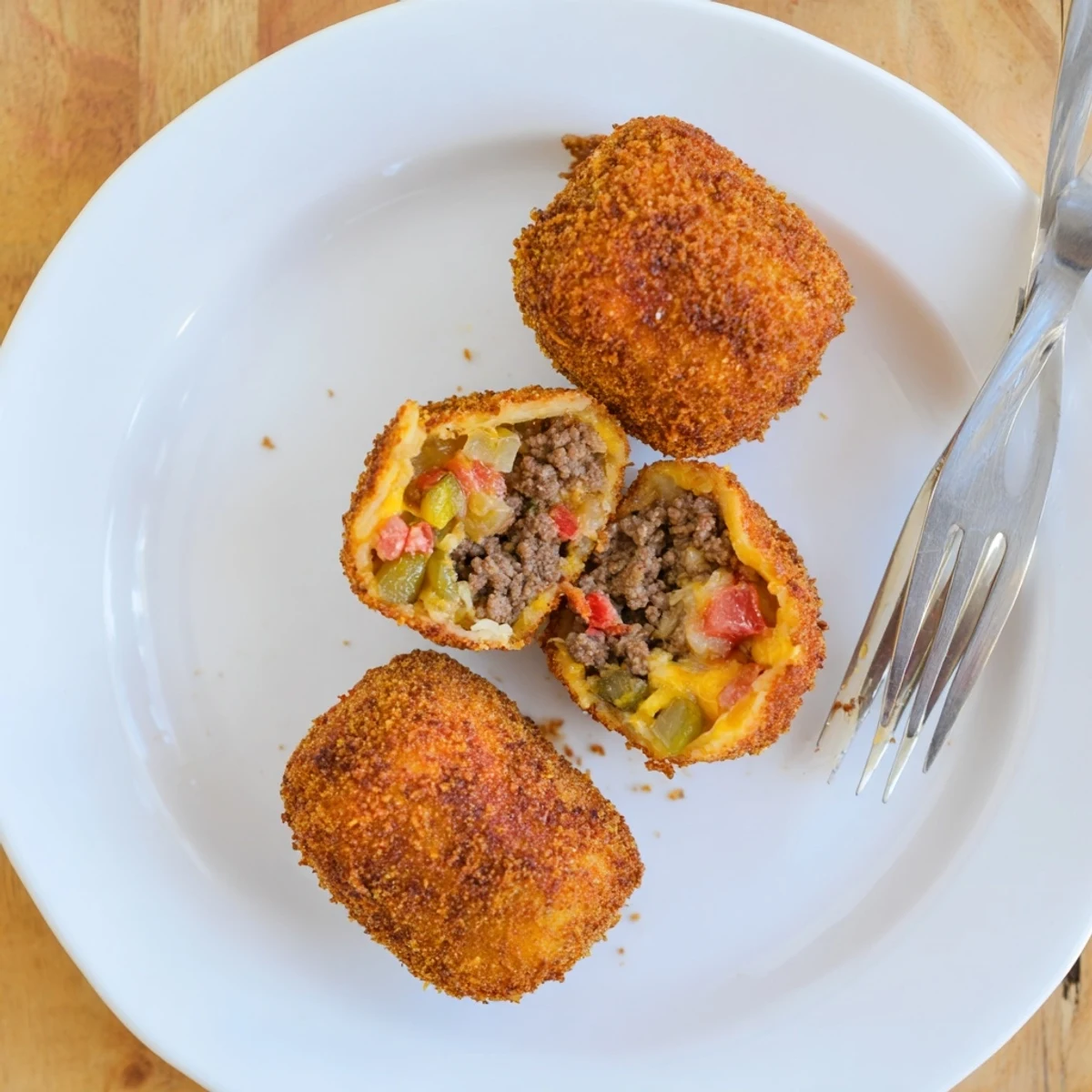 Cheeseburger Onion Ring Roll shows a crunchy panko-coated appetizer with pickles and mustard inside.