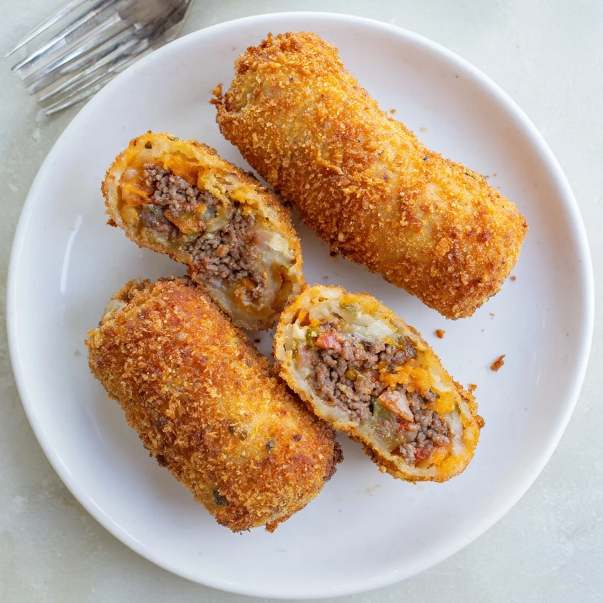 Golden fried Cheeseburger Onion Ring Roll with juicy beef, melted cheddar, and tangy burger sauce.