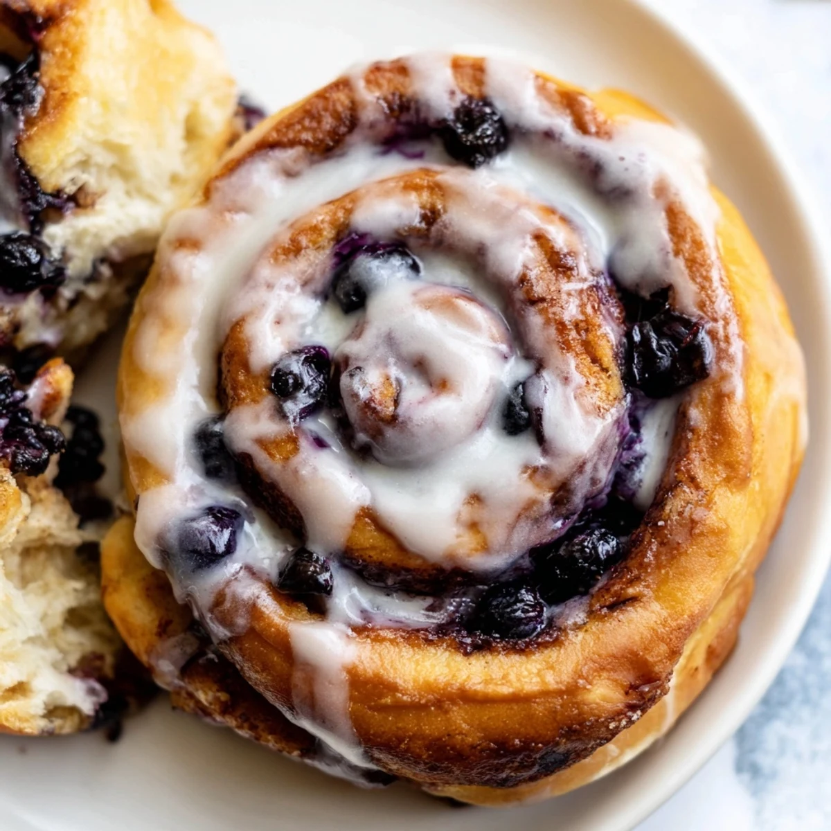 Freshly baked Blueberry Cinnamon Rolls with a warm vanilla glaze on a wooden board.
