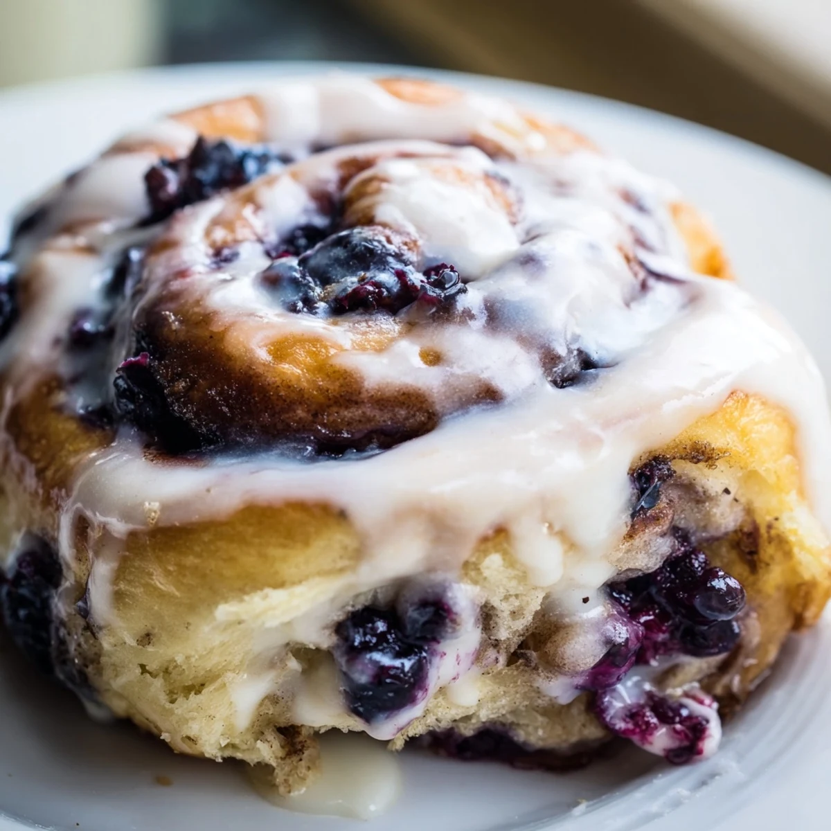 A close-up of Blueberry Cinnamon Rolls showing juicy blueberries and fluffy glaze, perfect for brunch.
