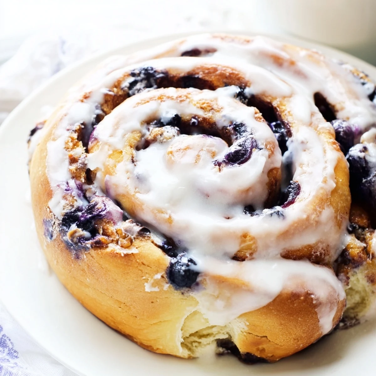 Golden Blueberry Cinnamon Rolls piled high on a plate, ready for a sweet breakfast treat.