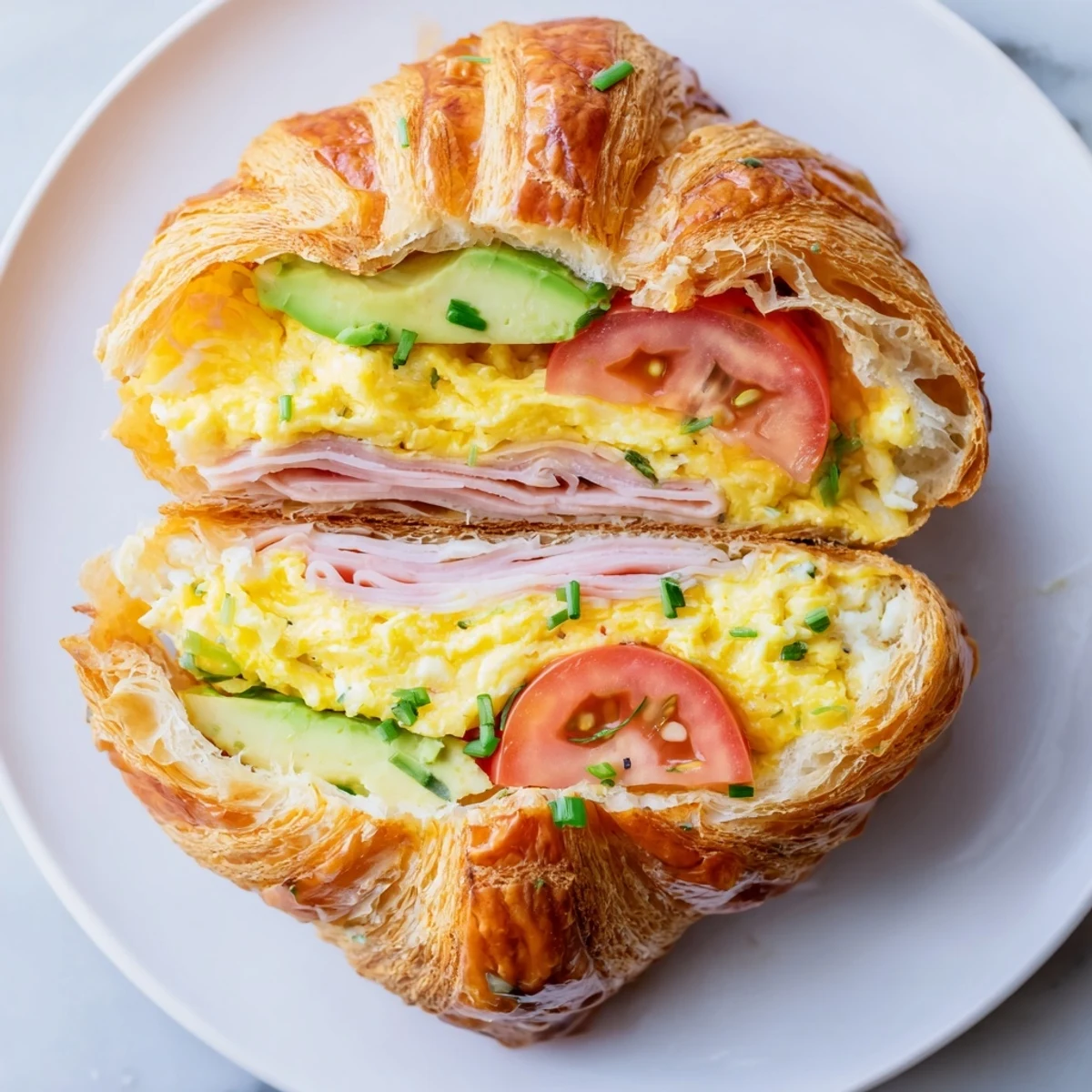 Golden, flaky croissant breakfast sandwich stacked with fluffy scrambled eggs, melted Swiss cheese, and savory ham on a marble counter.