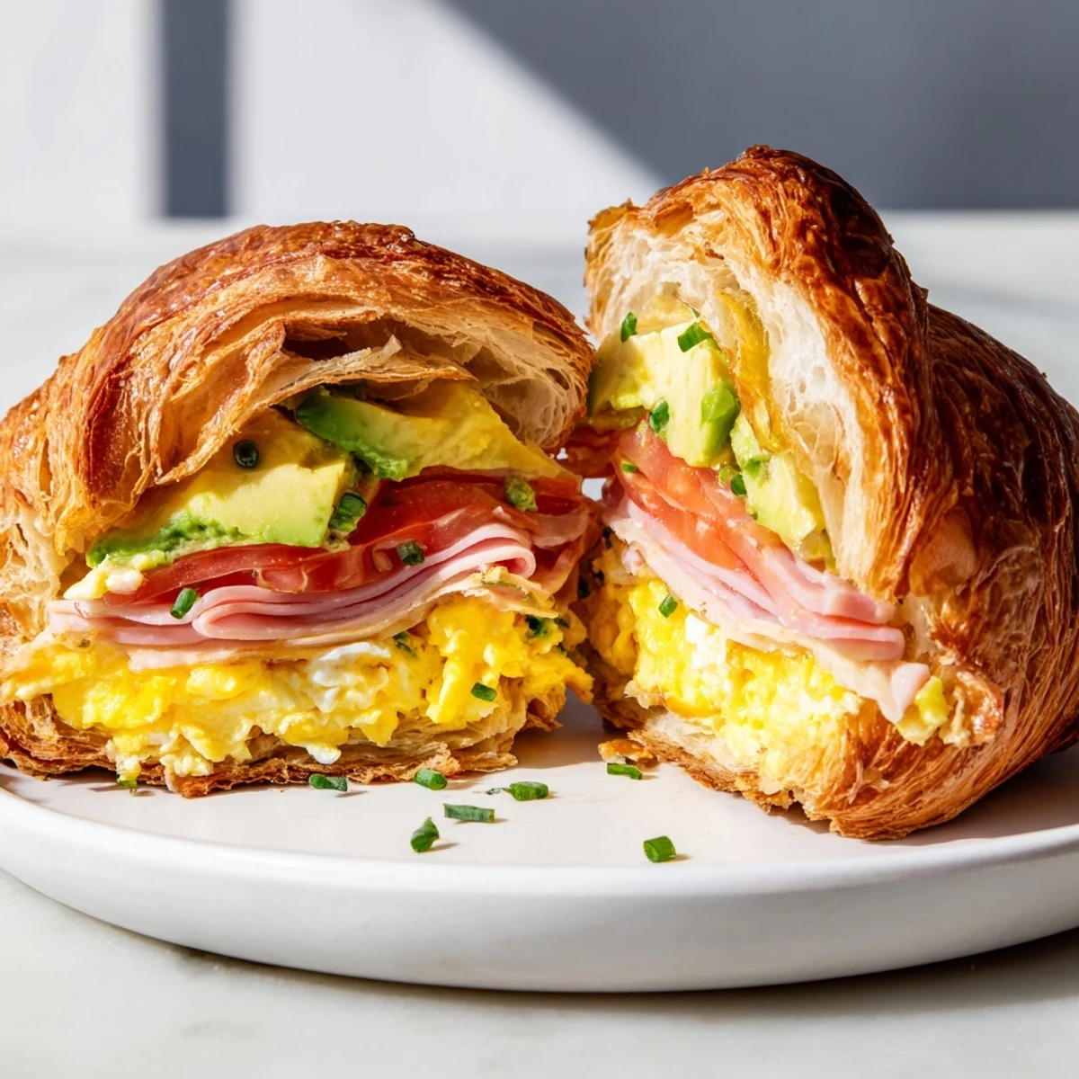 Buttery croissant breakfast sandwich with crispy edges, warm ham and cheese, served beside fresh sliced tomatoes and ripe avocado.
