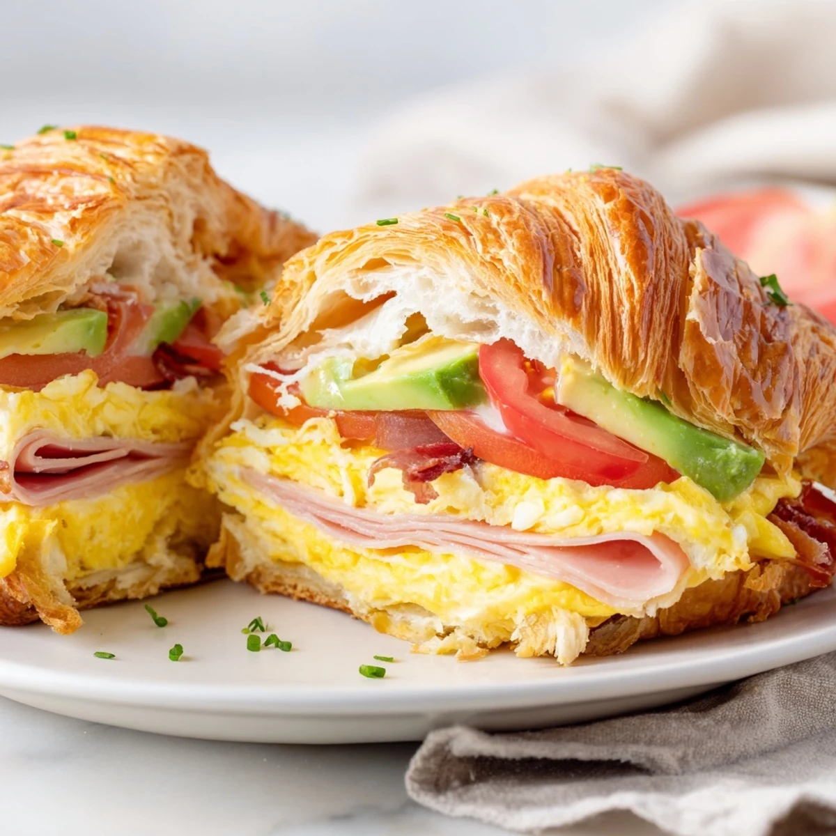 Homemade croissant breakfast sandwich on a white plate, eggs and ham peeking out, perfect for a cozy morning meal.