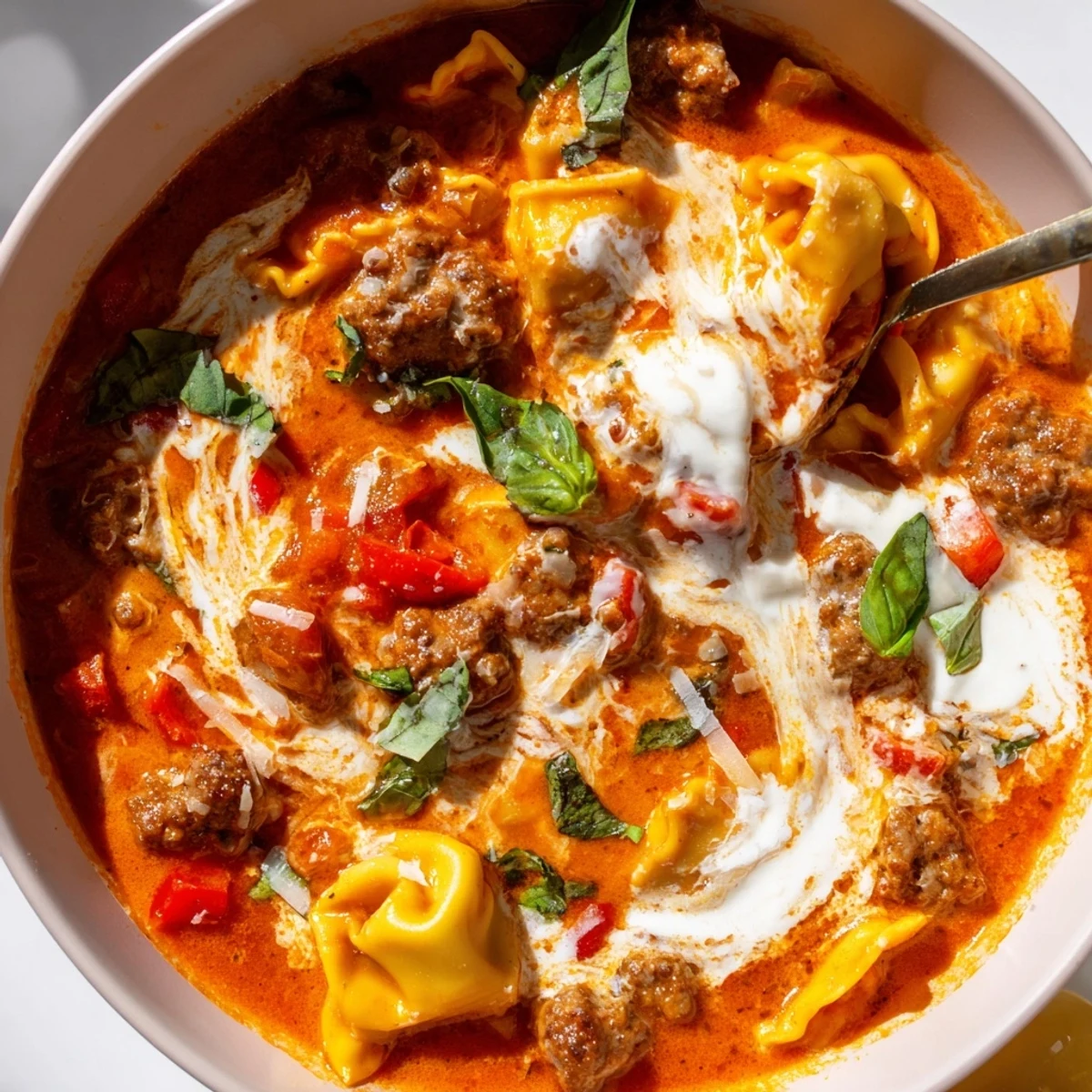 A steaming bowl of Lasagna Soup with Tortellini features rich tomato broth, Italian sausage, and melted cheese.