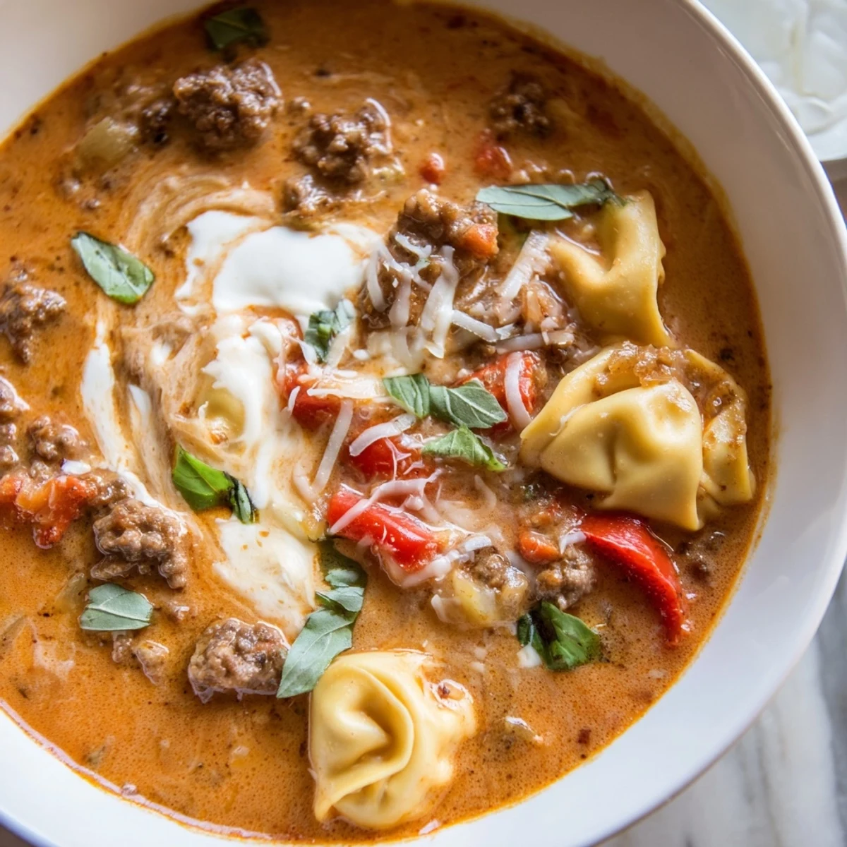 In a rustic kitchen, Lasagna Soup with Tortellini is garnished with fresh basil and served beside crusty bread.