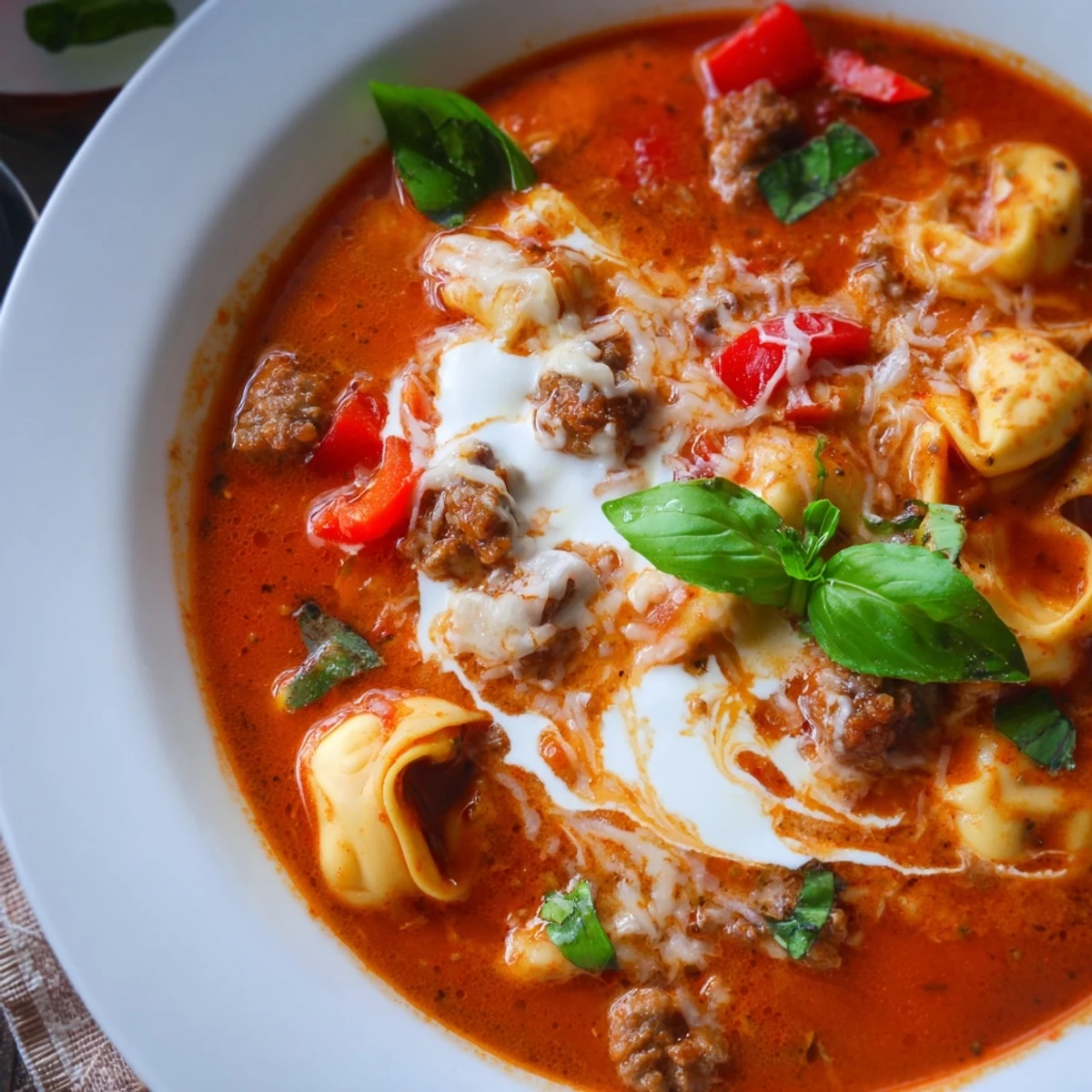 Close-up of creamy Lasagna Soup with Tortellini, highlighting cheesy tortellini and savory sausage in a hearty Italian-American broth.