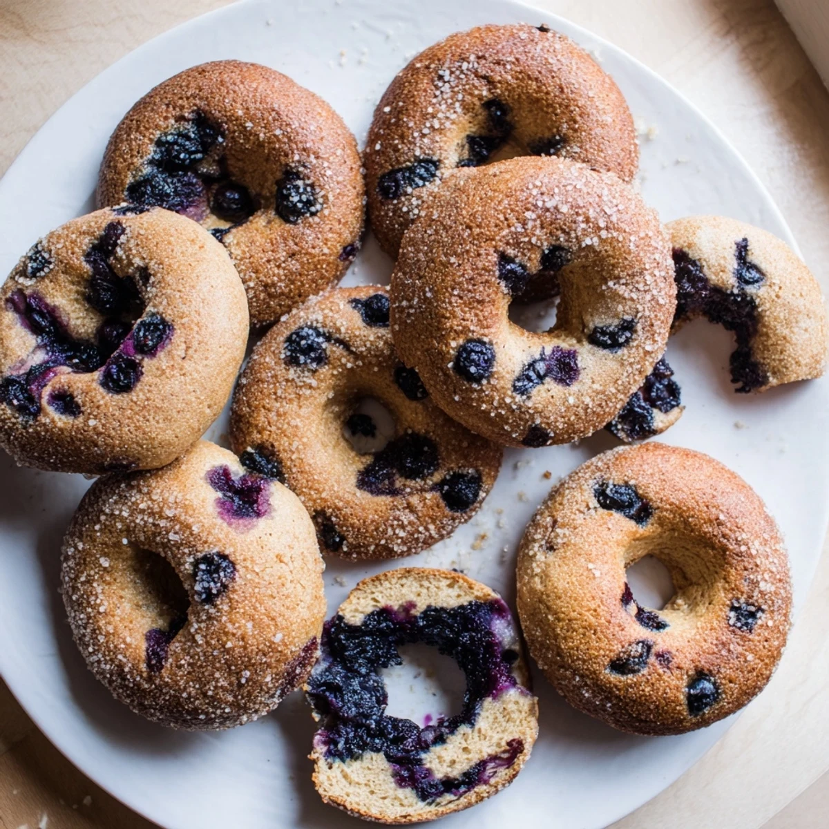 Gluten-Free Blueberry Bagels on a wooden board with fresh blueberries and cream cheese spread.