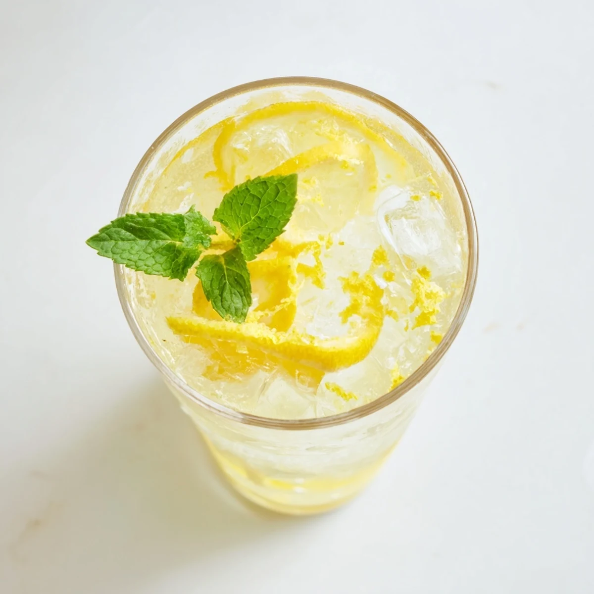 Close-up of the Easy Limoncello Mocktail Refreshing Drink showing fizzy bubbles, lemon zest, and a sparkling golden hue.