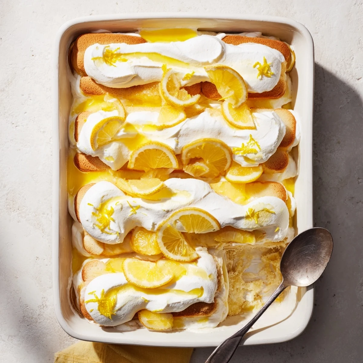 Creamy Lemon Limoncello Tiramisu layered with bright lemon curd and ladyfingers.