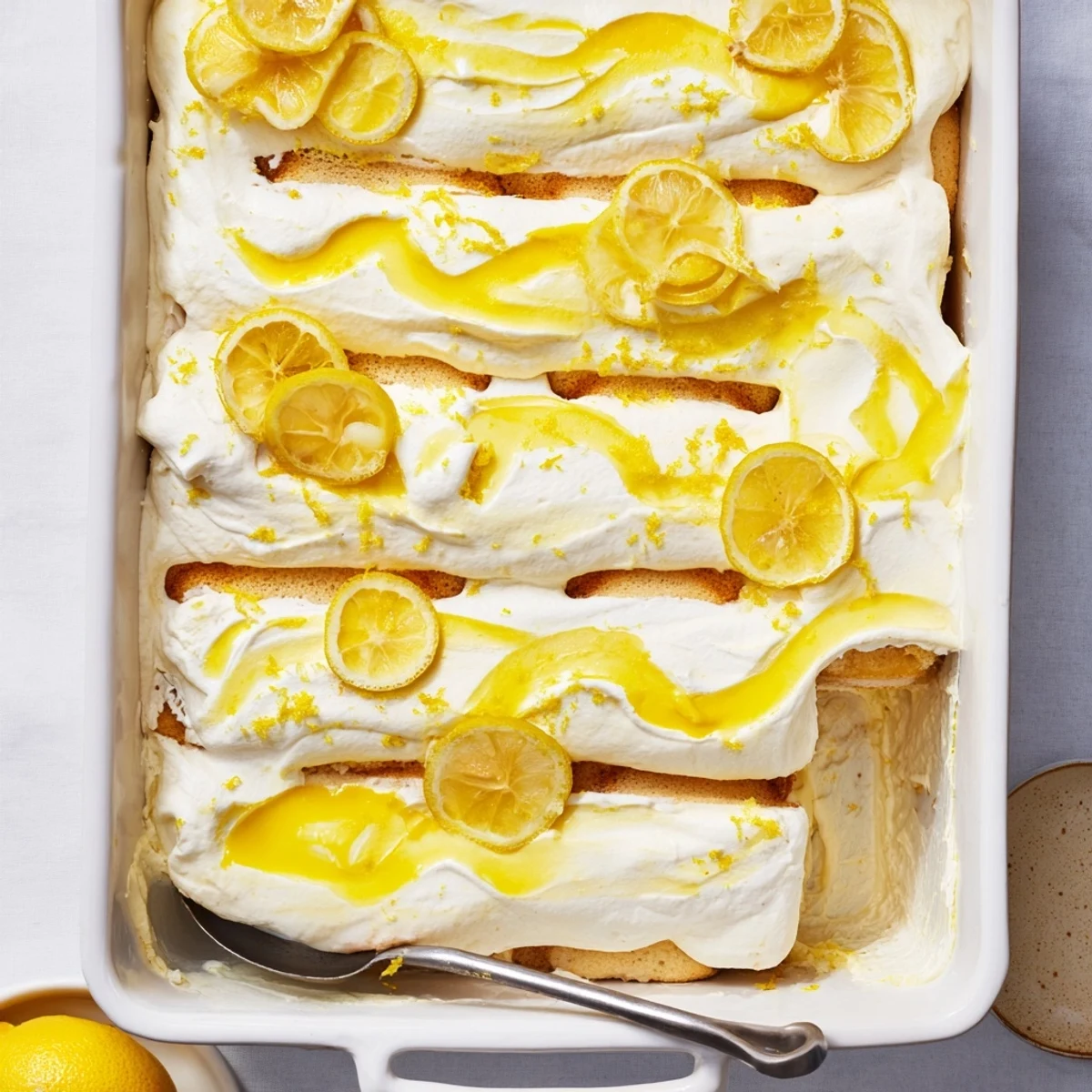 This Italian Lemon Limoncello Tiramisu dessert is served chilled with lemon zest.