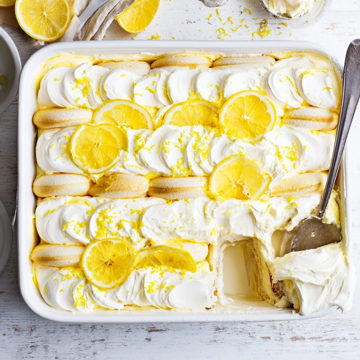 Homemade Lemon Limoncello Tiramisu features soaked biscuits and mascarpone cream on a platter.