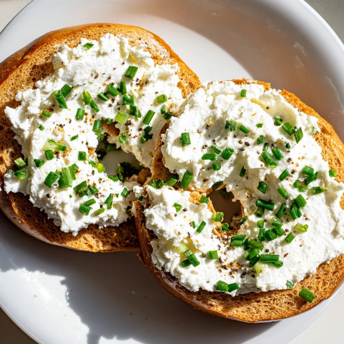 A close-up of warm Protein Bagels with Cottage Cheese reveals creamy cheese topping and fresh chives sprinkled on top.
