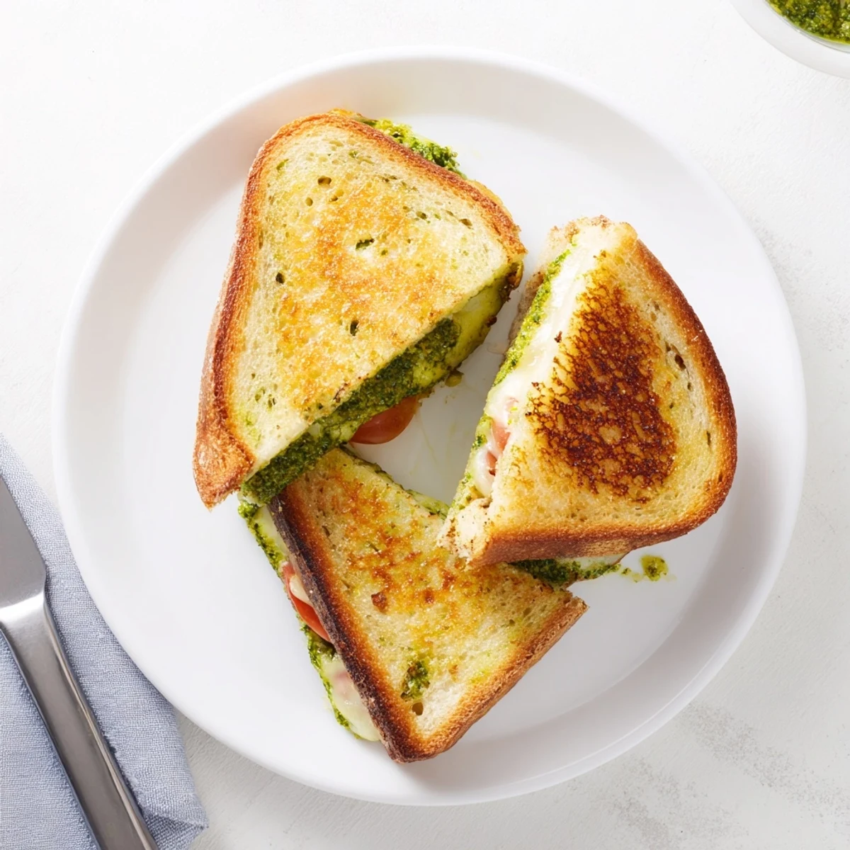 Golden sourdough slices of Best Pesto Grilled Cheese on a plate, with melted mozzarella and vibrant green pesto peeking from the crispy crust.